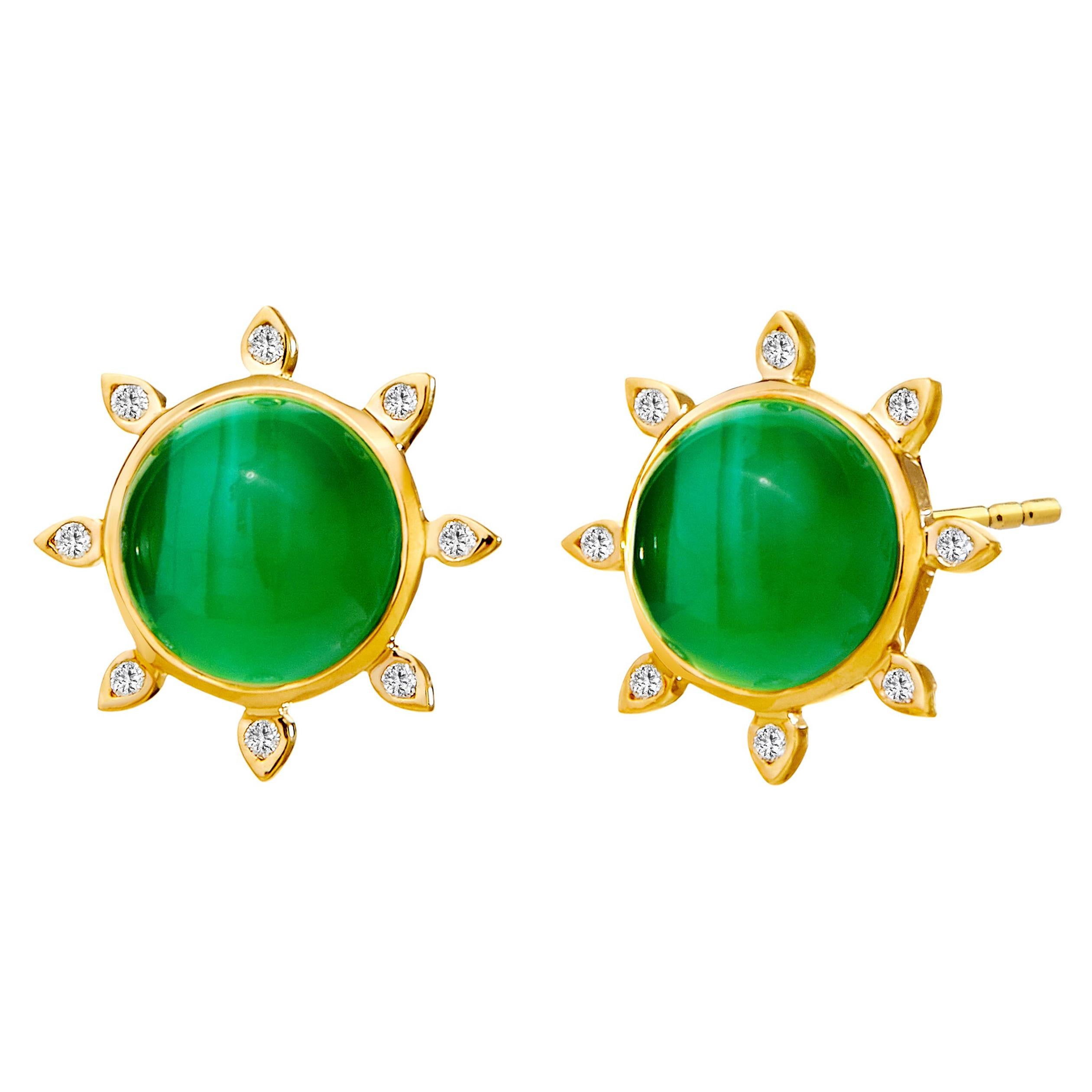Syna Green Chalcedony Yellow Gold Earrings with Diamonds For Sale