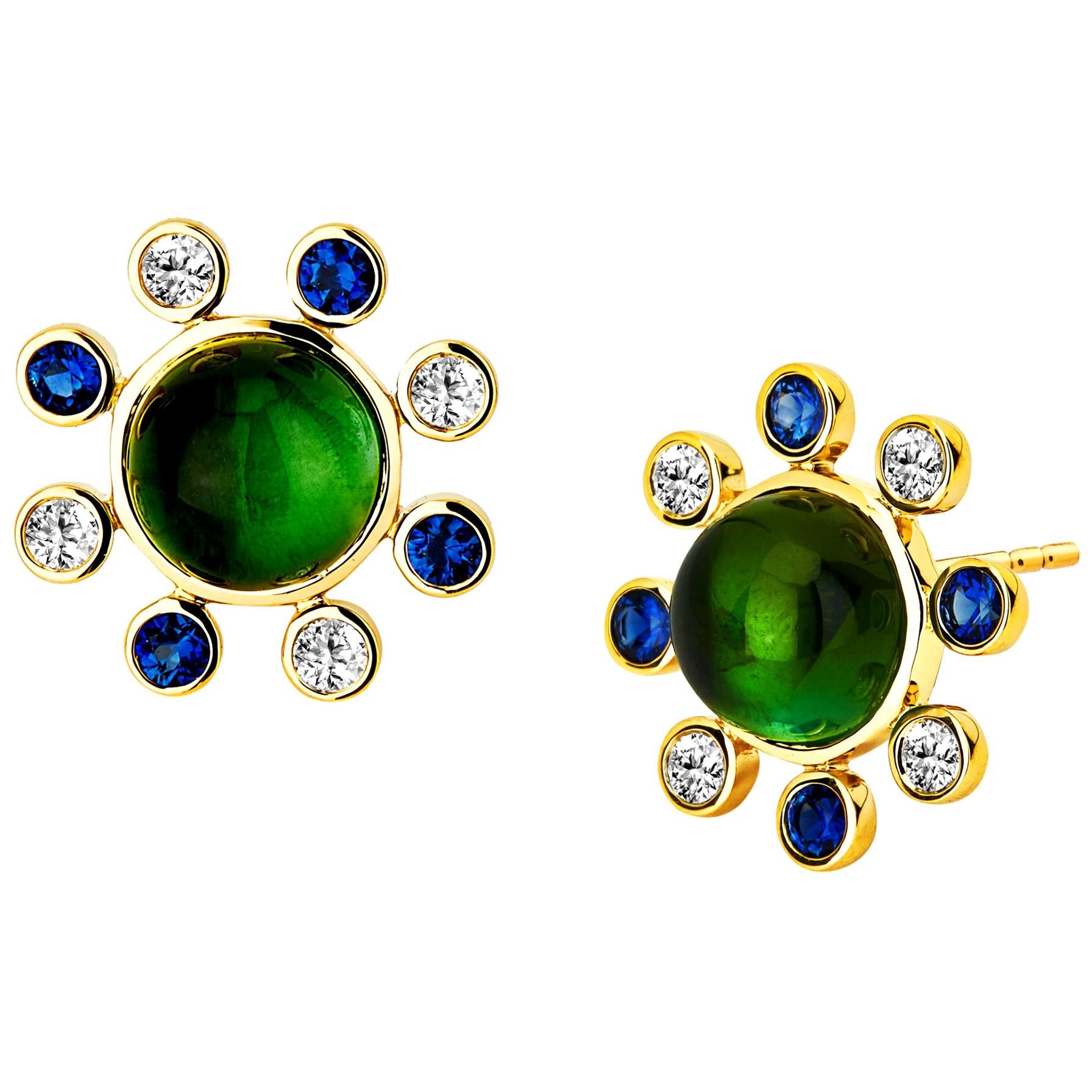 Syna Green Tourmaline Yellow Gold Earrings with Blue Sapphire Diamonds For Sale