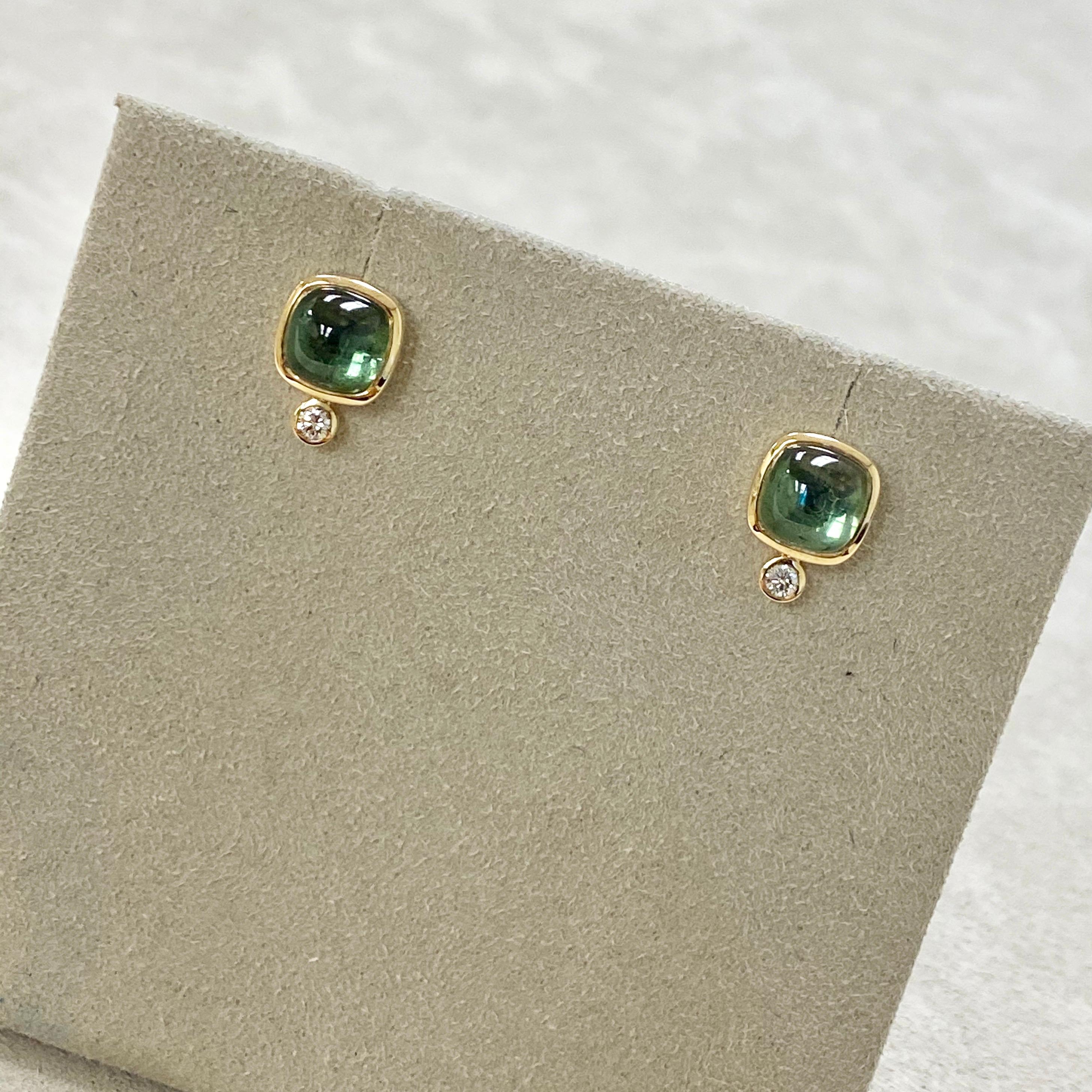 Contemporary Syna Green Tourmaline Yellow Gold Sugarloaf Earrings with Diamonds