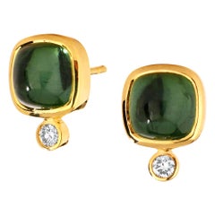 Syna Green Tourmaline Yellow Gold Sugarloaf Earrings with Diamonds