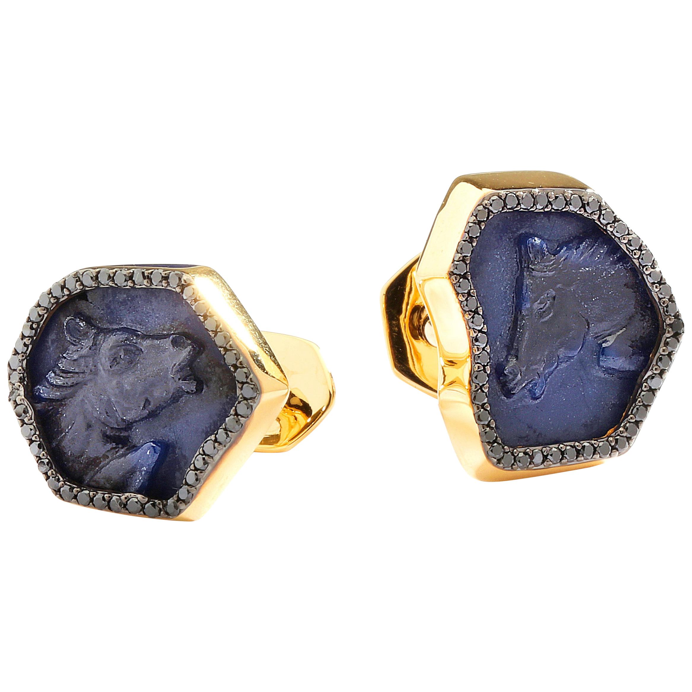 Syna Hand Carved Blue Sapphire Horse Yellow Gold Cuff Links with Black Diamonds