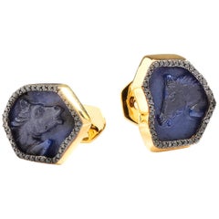 Antique Syna Hand Carved Blue Sapphire Horse Yellow Gold Cuff Links with Black Diamonds