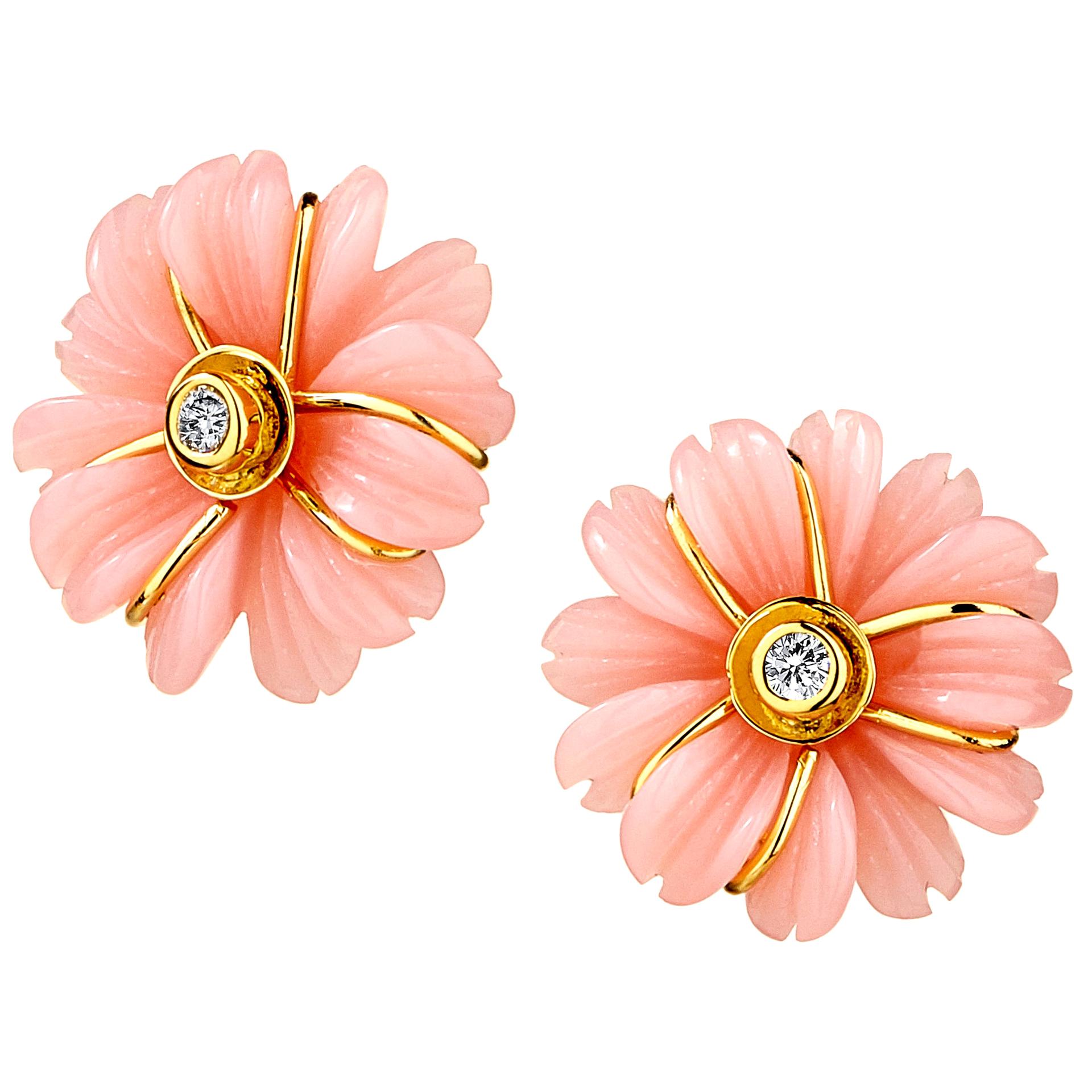 Syna Hand Carved Pink Opal Flower Earrings with Diamonds at 1stDibs ...