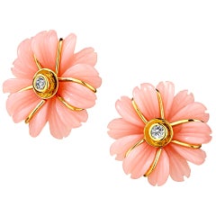 Syna Hand Carved Pink Opal Flower Earrings with Diamonds