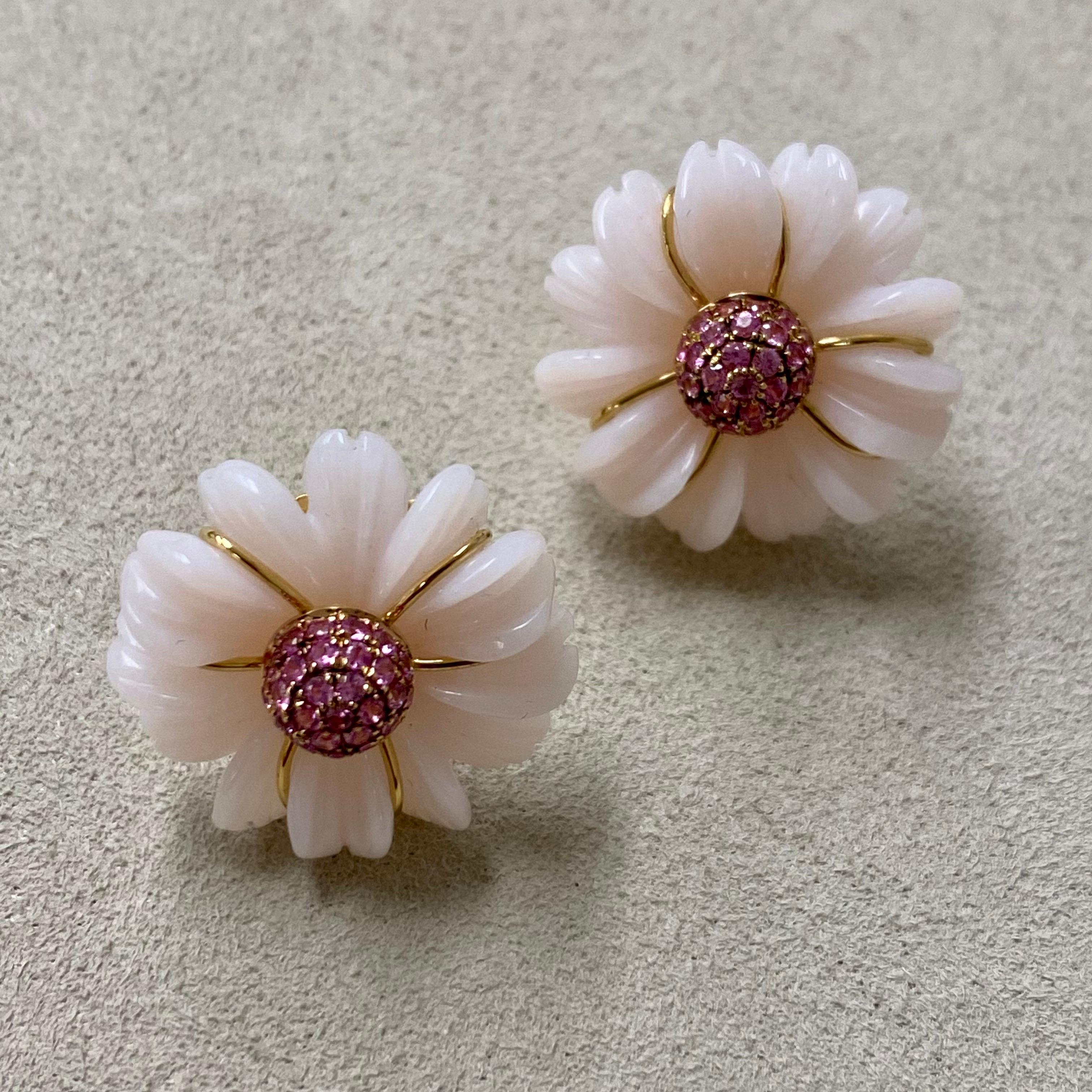 Contemporary Syna Hand Crafted Pastel Pink Opal Flower Earrings with Pink Sapphires