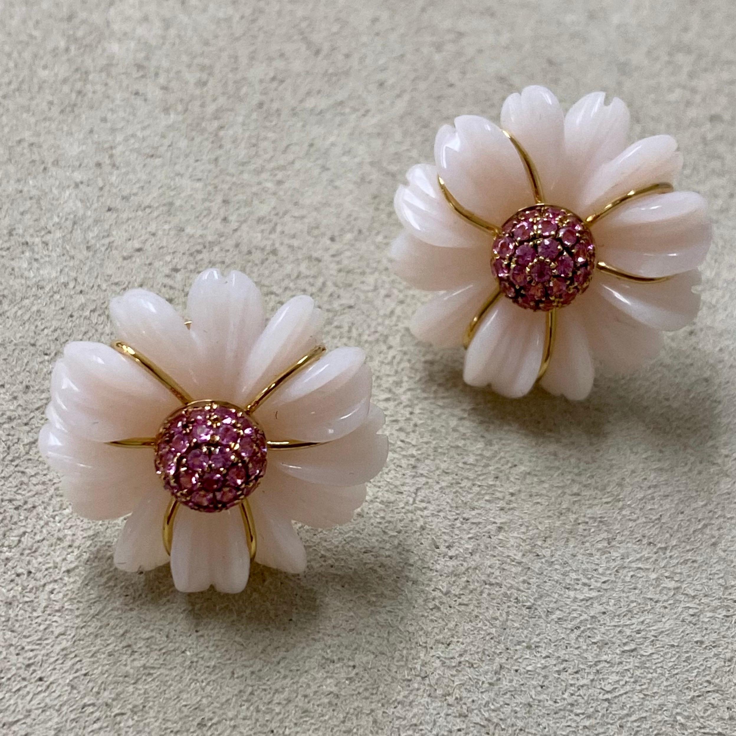 Mixed Cut Syna Hand Crafted Pastel Pink Opal Flower Earrings with Pink Sapphires