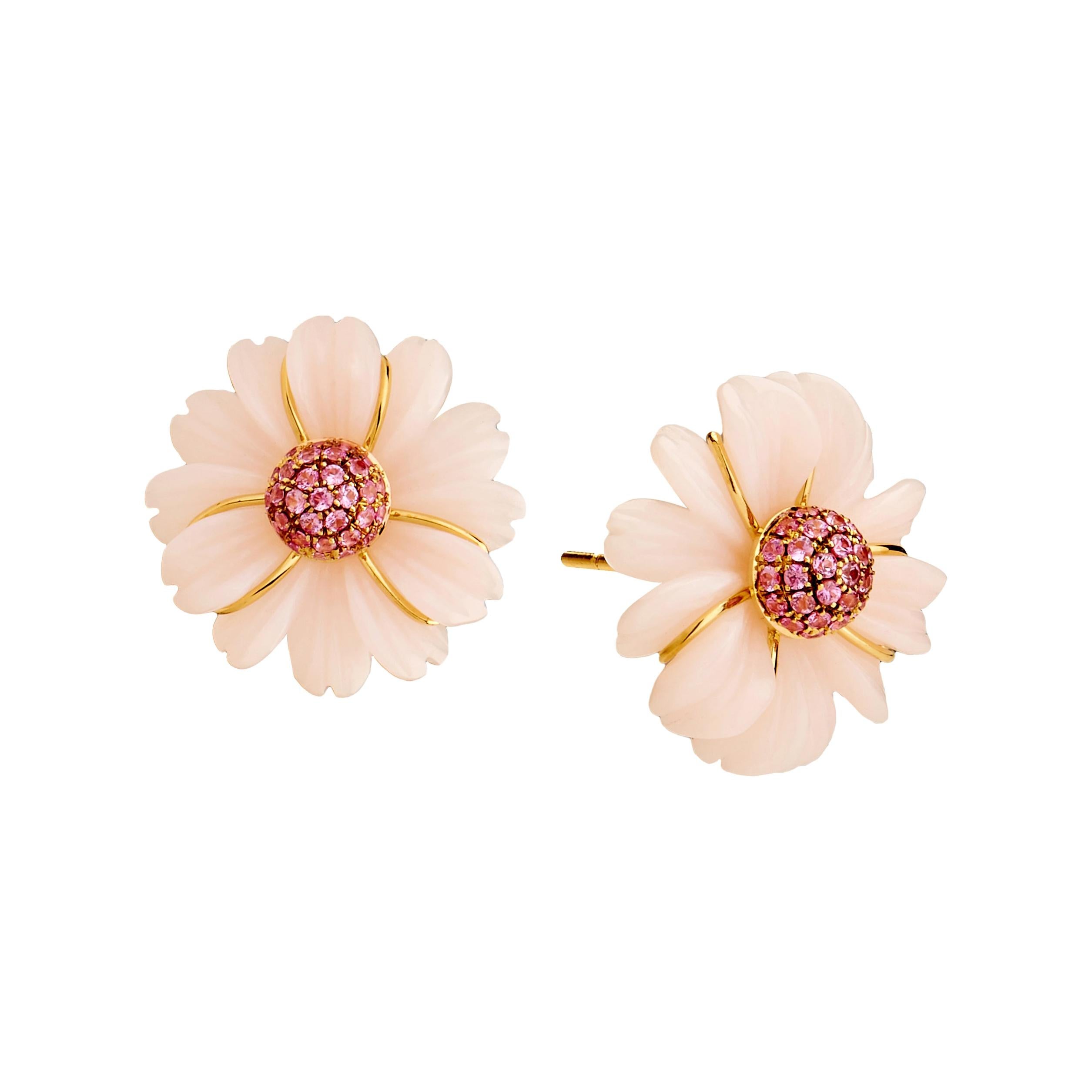 Syna Hand Crafted Pastel Pink Opal Flower Earrings with Pink Sapphires