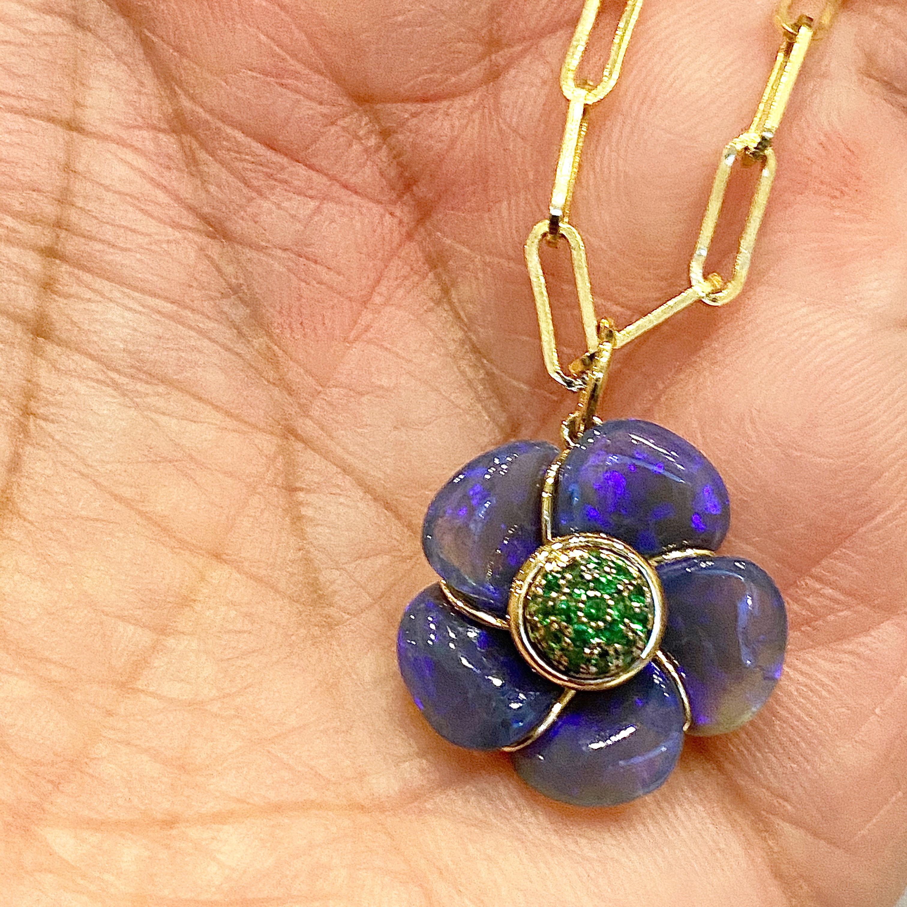 Created in 18kyg
Hand carved australian opal flower 9 cts approx
Tsavorite 
Chain sold separately
One of a kind

About the Designers

Drawing inspiration from little things, Dharmesh & Namrata Kothari have created an extraordinary and refreshing