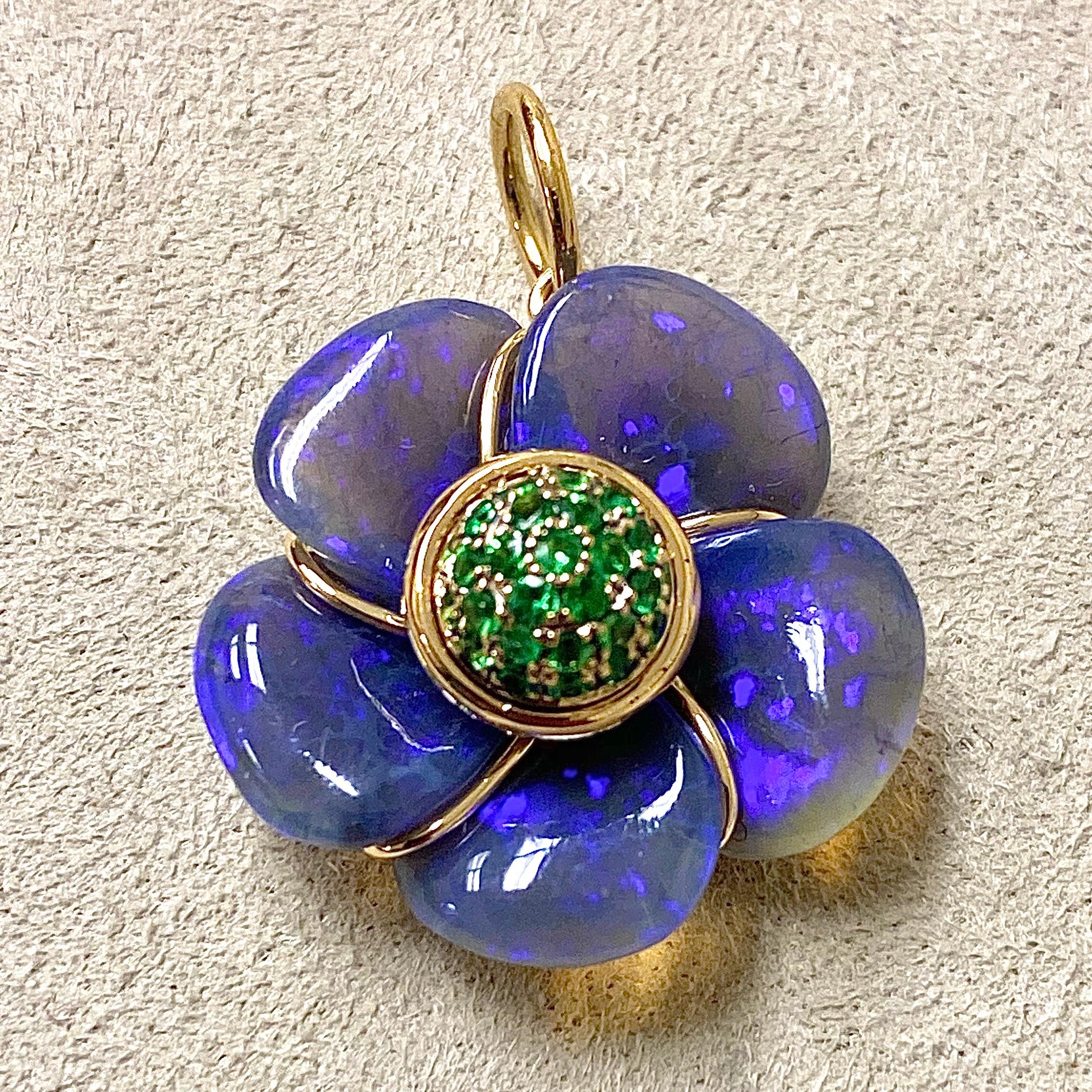 Contemporary Syna Handcarved Opal Flower Pendant with Tsavorite