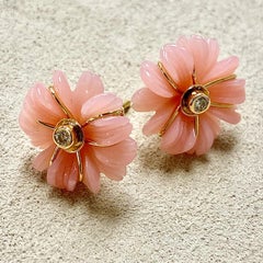 Syna Hand Carved Pink Opal Flower Earrings with Diamonds