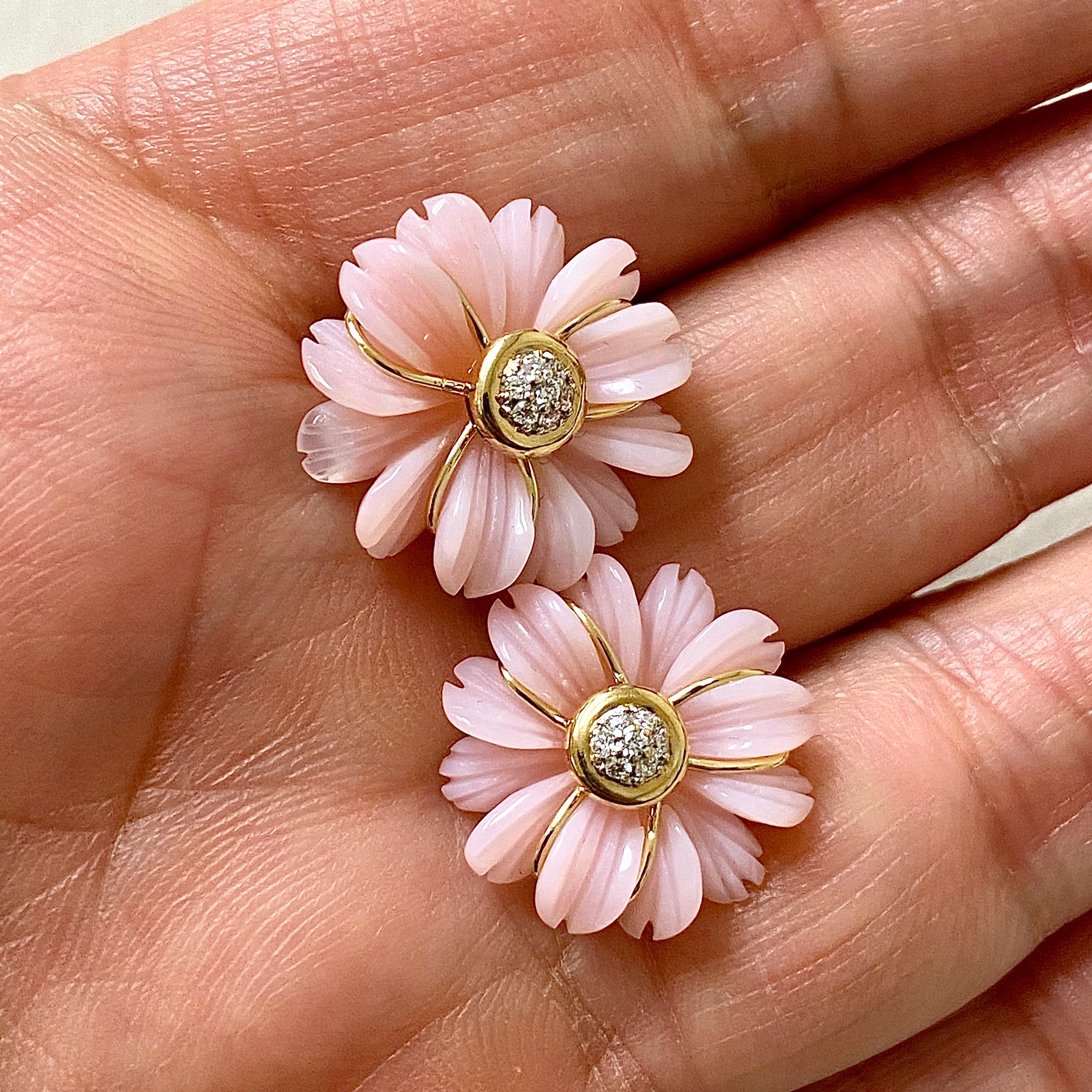 Contemporary Syna Handcarved Pink Opal Flower Earrings with Diamonds