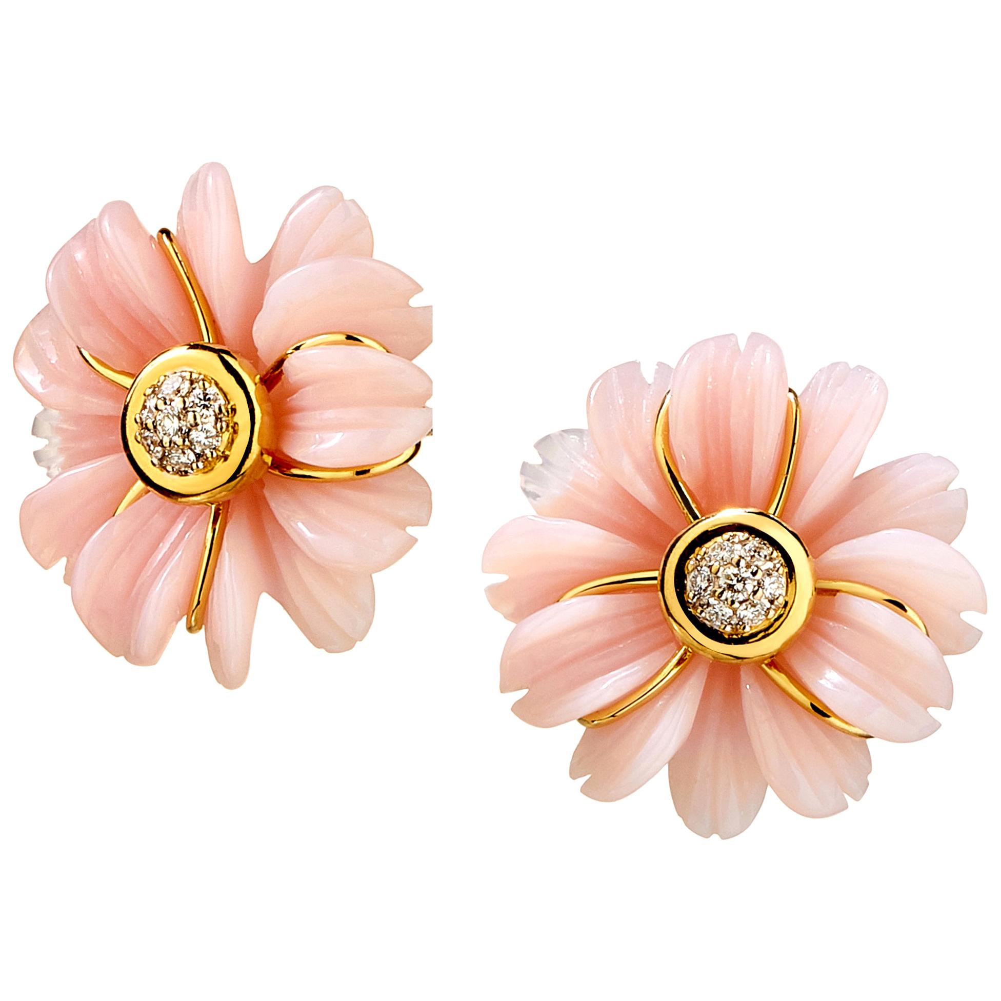 Syna Handcarved Pink Opal Flower Earrings with Diamonds