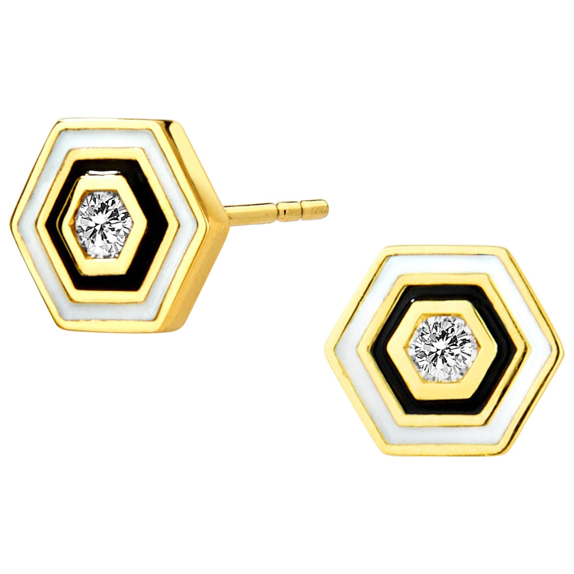 Syna Hexagon Enamel Studs with Diamonds For Sale