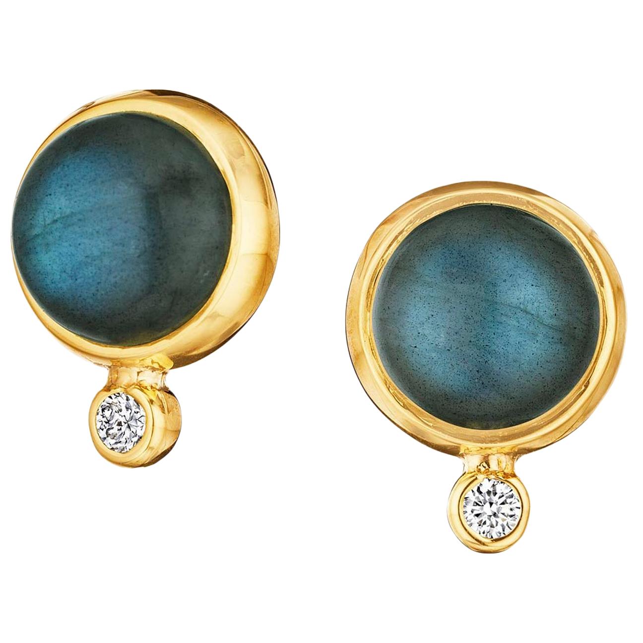 Syna Labradorite Yellow Gold Baubles Earrings with Diamonds For Sale