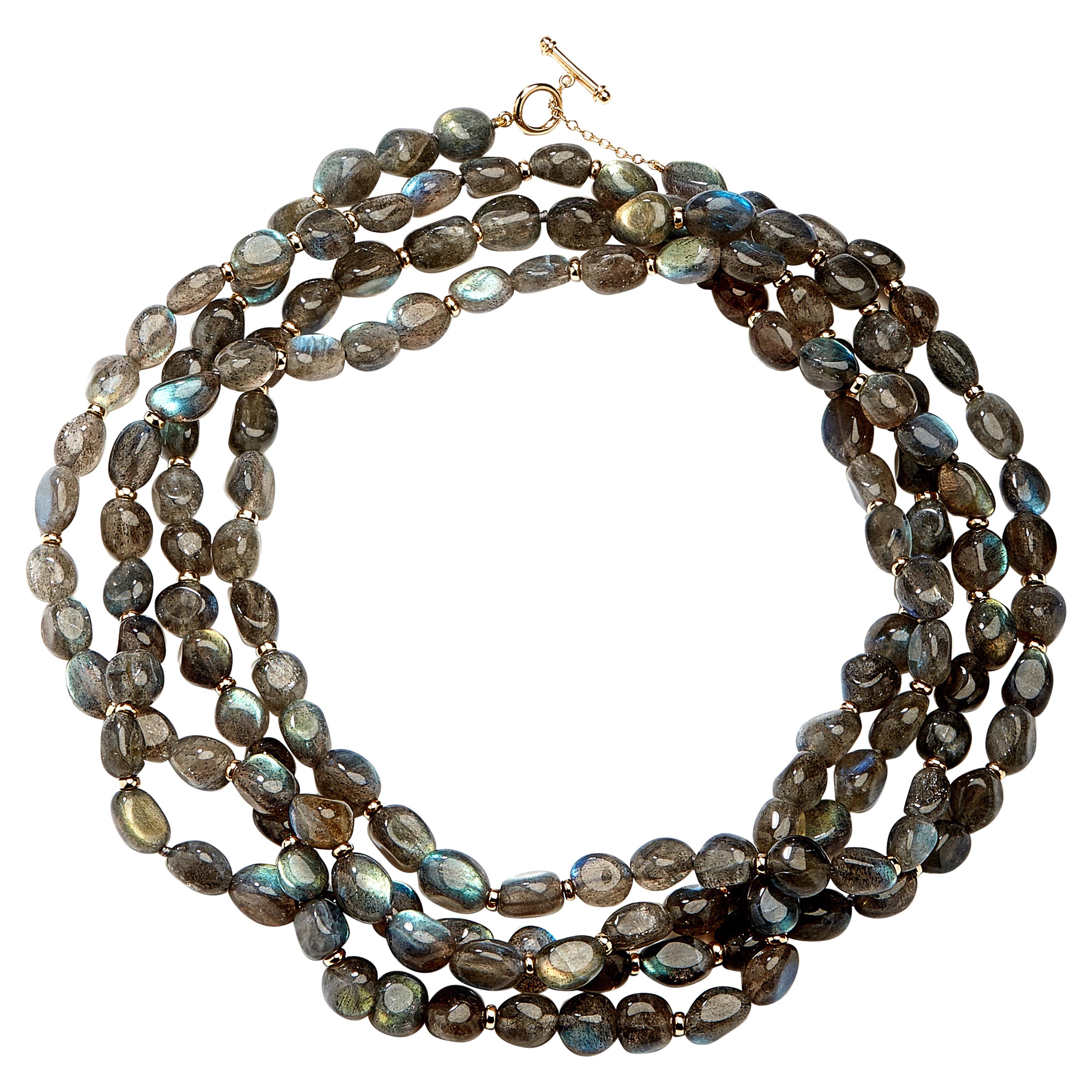 Syna Labradorite Yellow Gold Bead Necklace For Sale