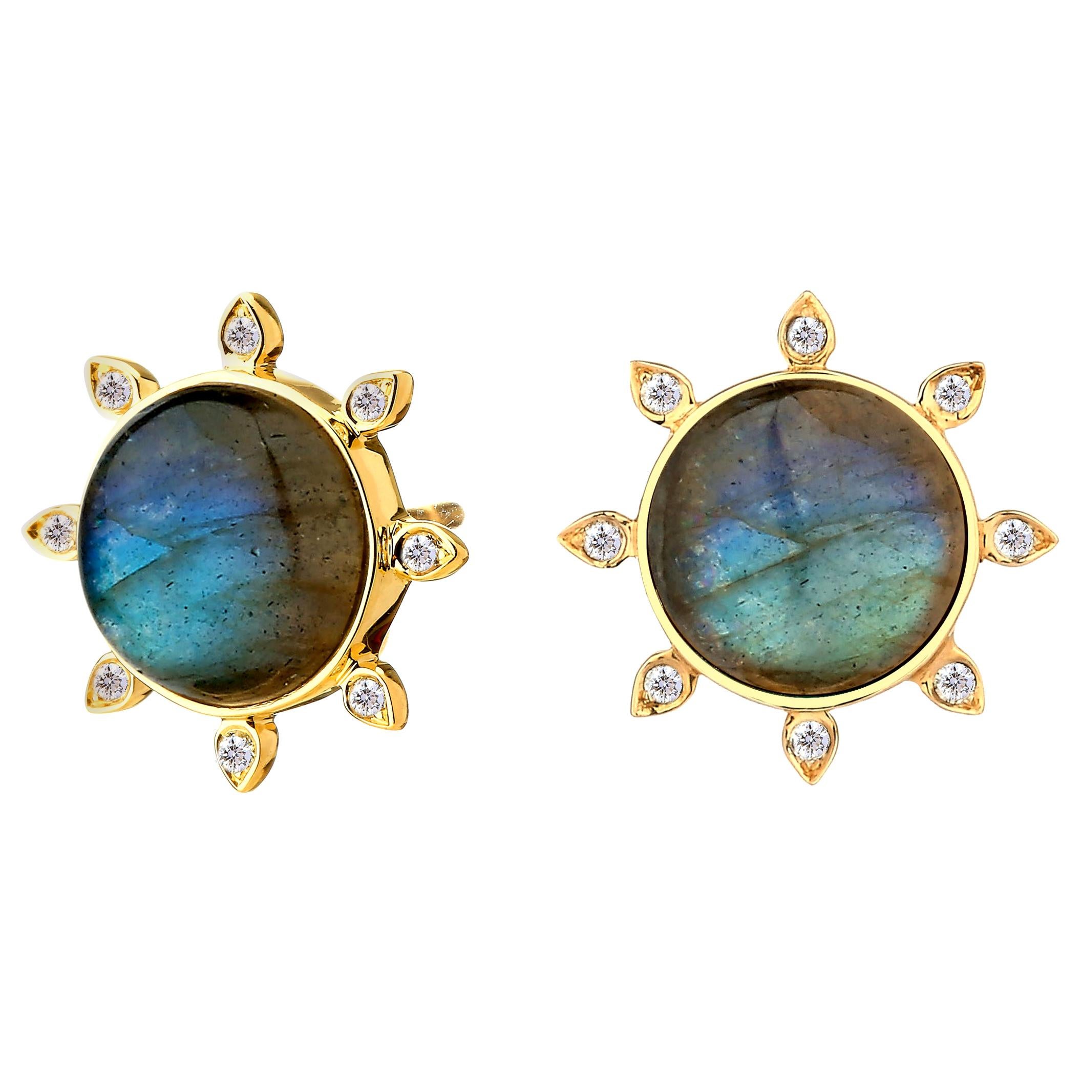Syna Labradorite Yellow Gold Earrings with Champagne Diamonds For Sale