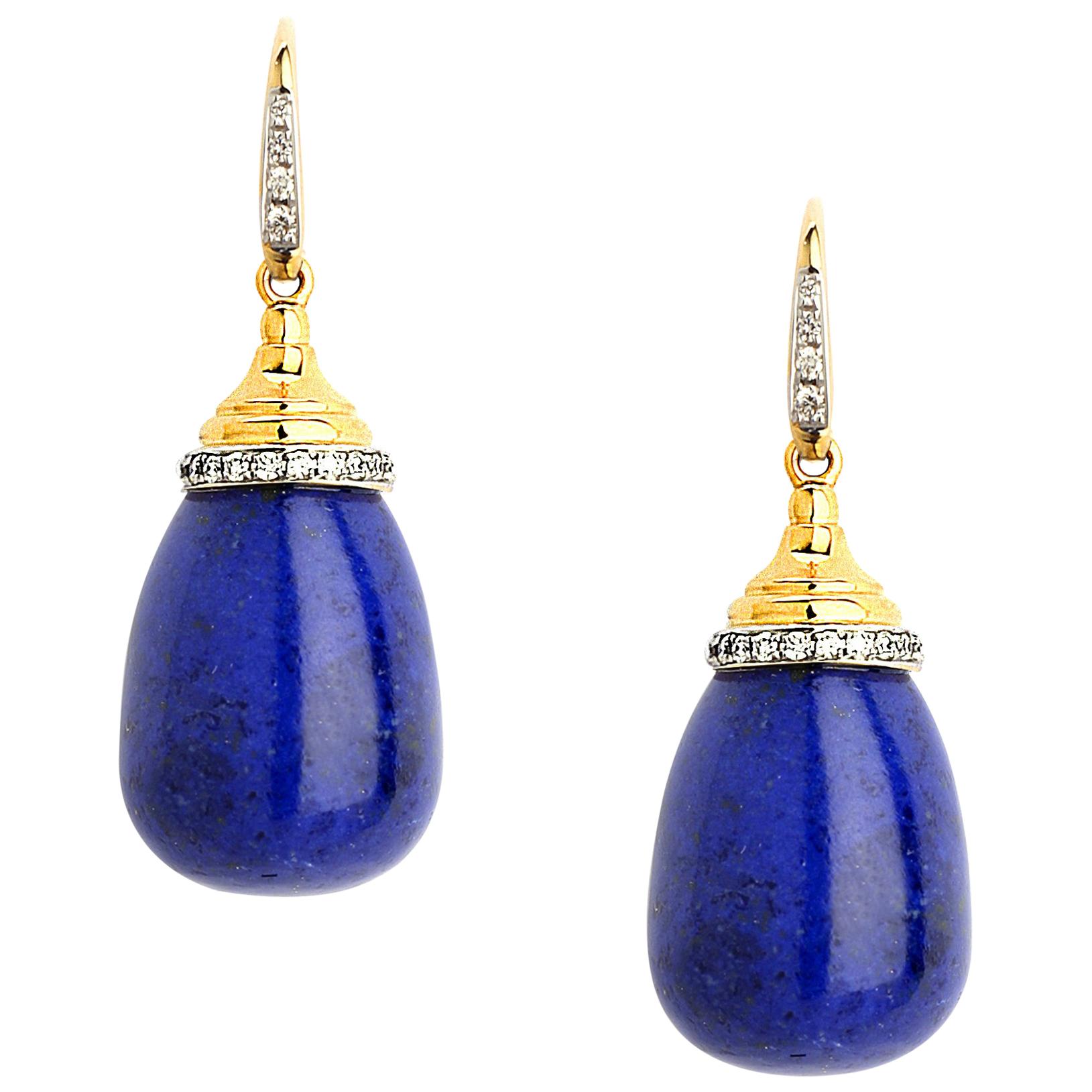 Syna Lapis Lazuli Yellow Gold Drop Earrings with Diamonds For Sale
