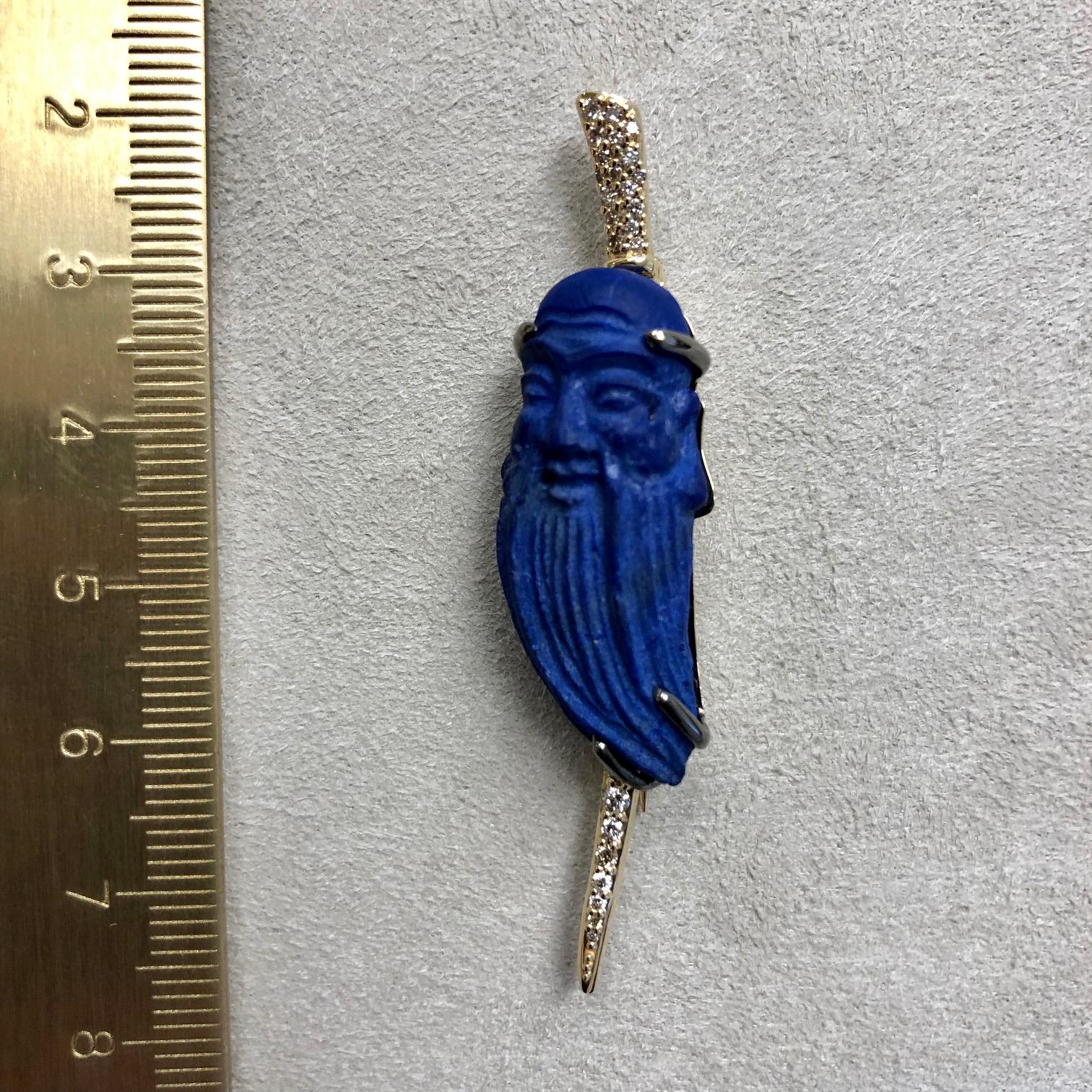 Syna Lapis Lazuli Yellow Gold Lapel Pin with Diamonds For Sale 1