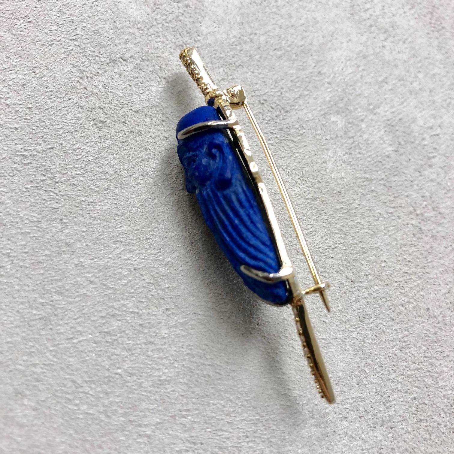 Mixed Cut Syna Lapis Lazuli Yellow Gold Lapel Pin with Diamonds For Sale