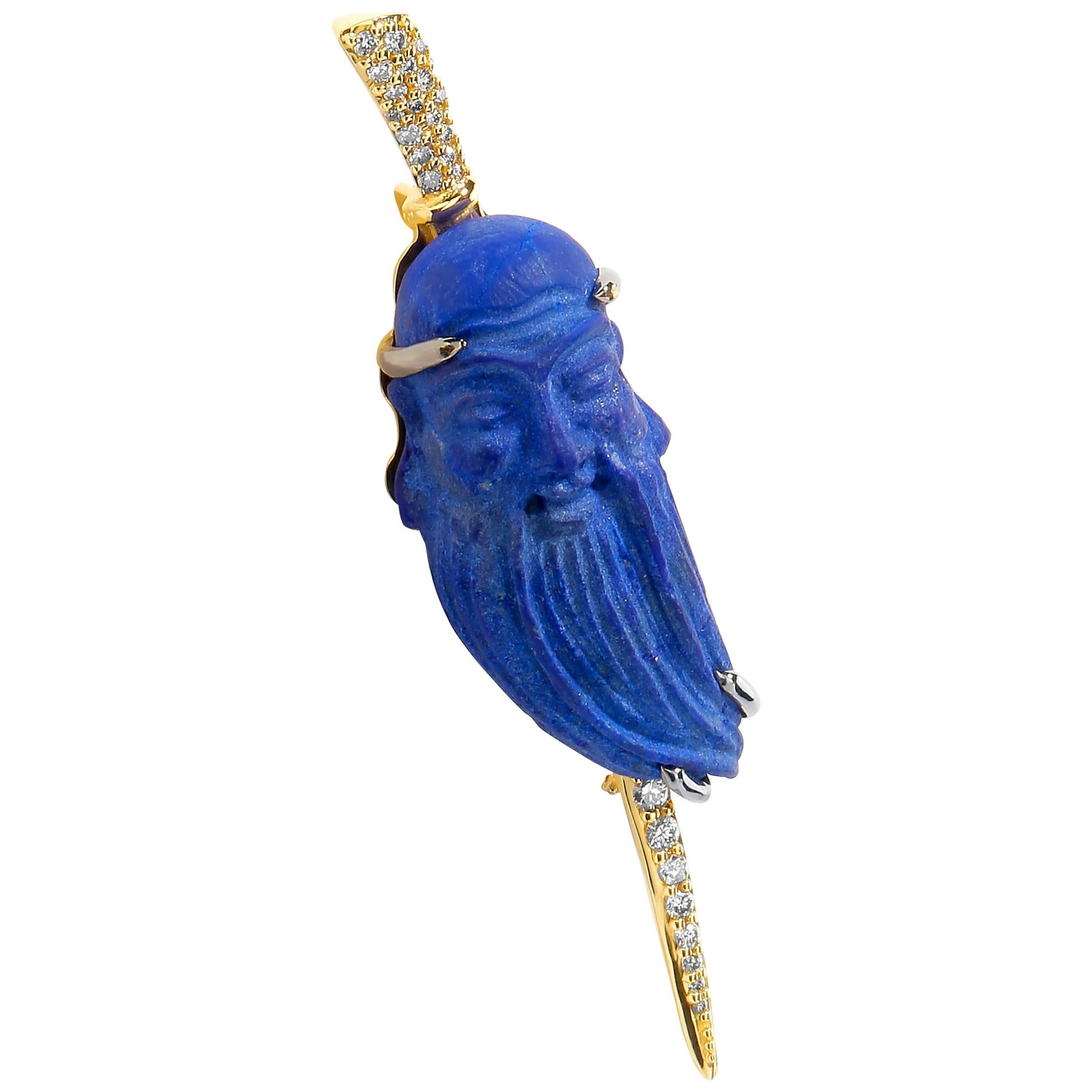 Syna Lapis Lazuli Yellow Gold Lapel Pin with Diamonds For Sale