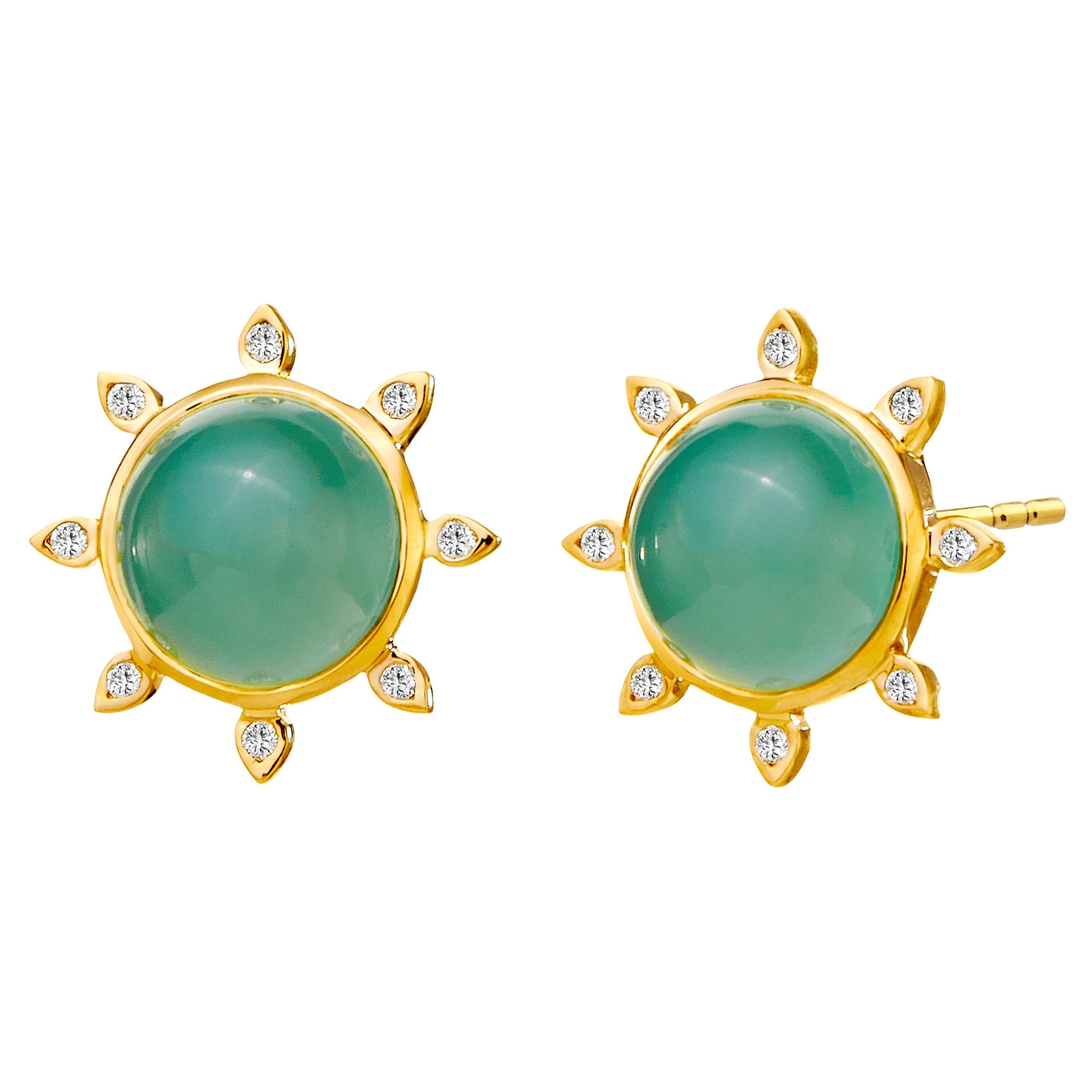Syna Light Green Chalcedony Yellow Gold Earrings with Diamonds For Sale