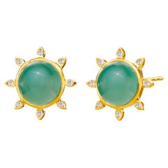 Syna Boucles d'oreilles en or jaune et calcédoine vert clair avec diamants