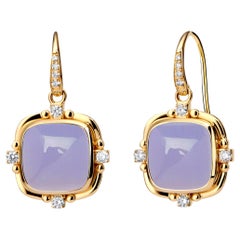 Syna Limited Edition Yellow Gold Blue Chalcedony Sugarloaf Earring with Diamonds