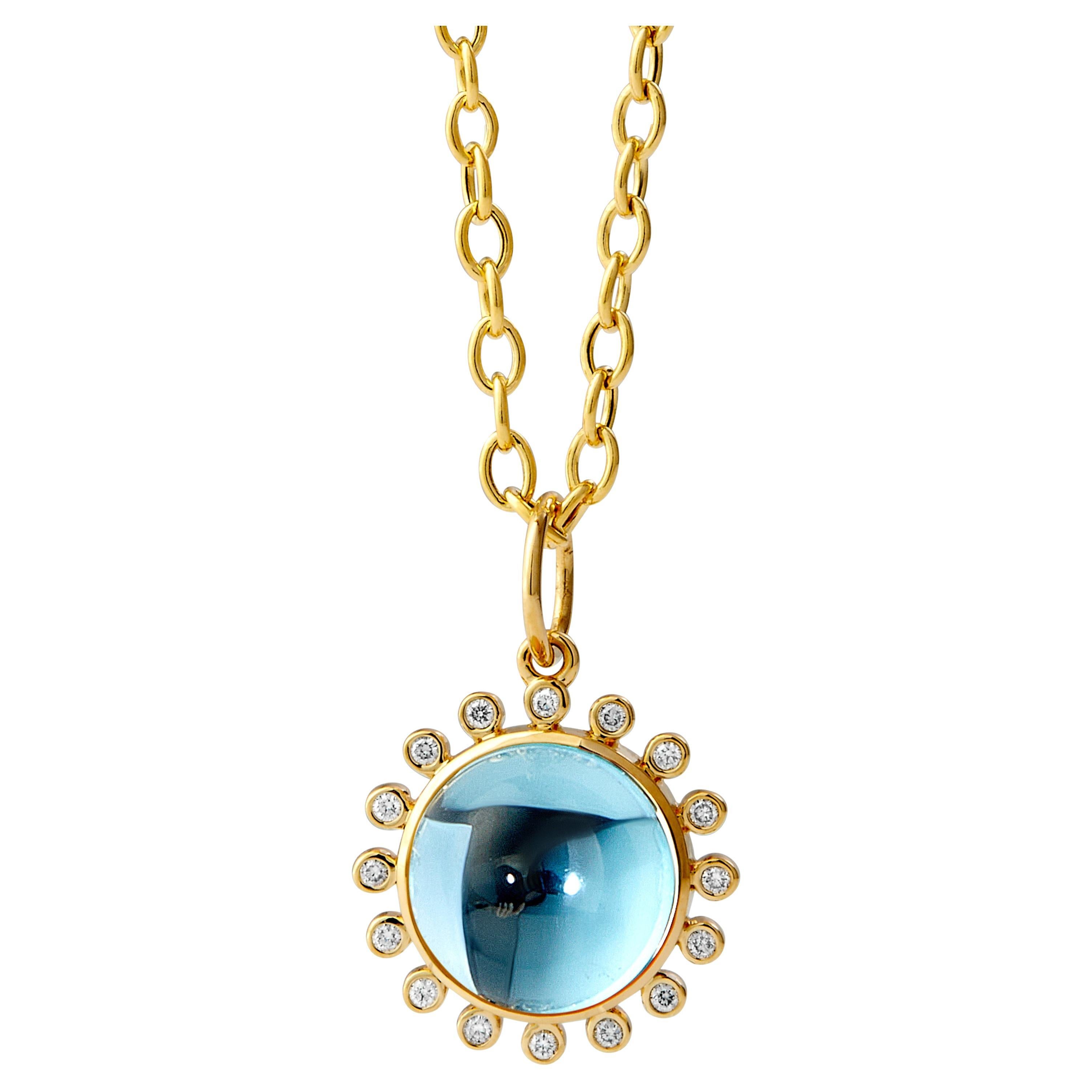 Syna Limited Edition Yellow Gold Blue Topaz Exotic Pendant with Diamonds en vente
