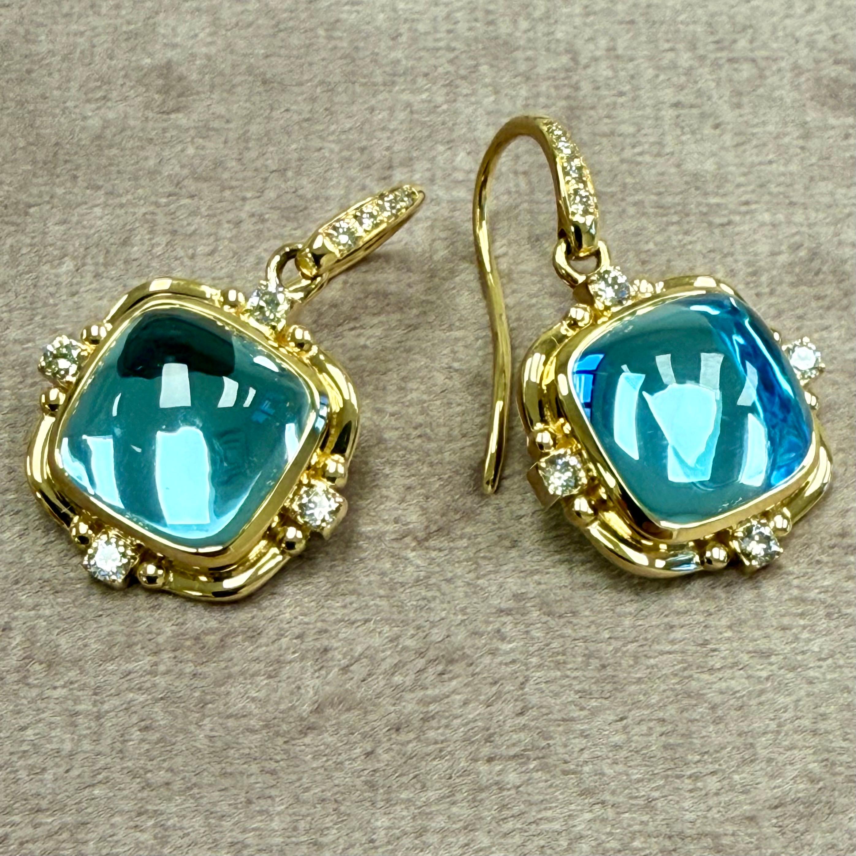Contemporain Syna Edition limitée Boucles d'oreilles pain de sucre en or jaune avec topaze bleue et diamants en vente