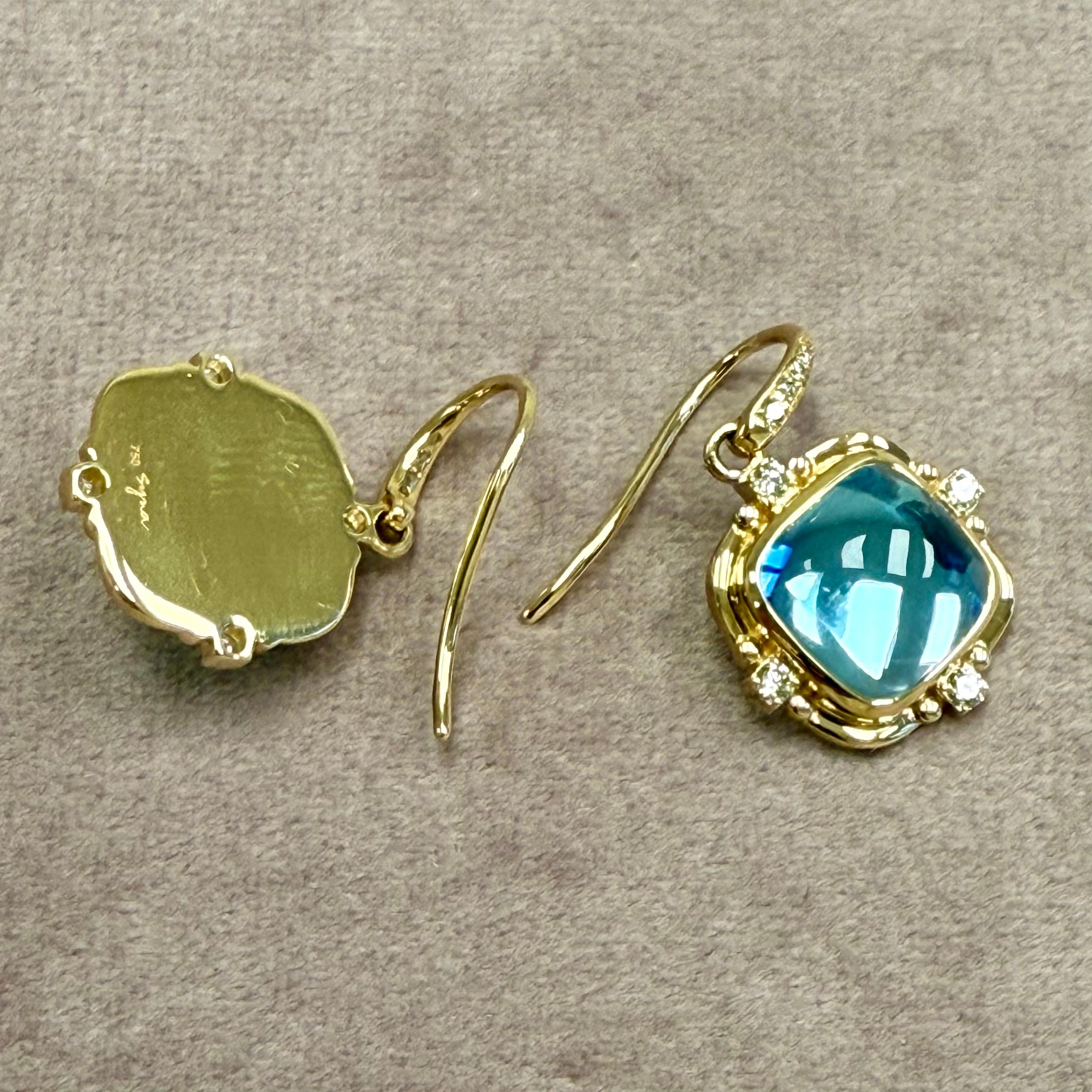 Taille cabochon « sugarloaf » Syna Edition limitée Boucles d'oreilles pain de sucre en or jaune avec topaze bleue et diamants en vente