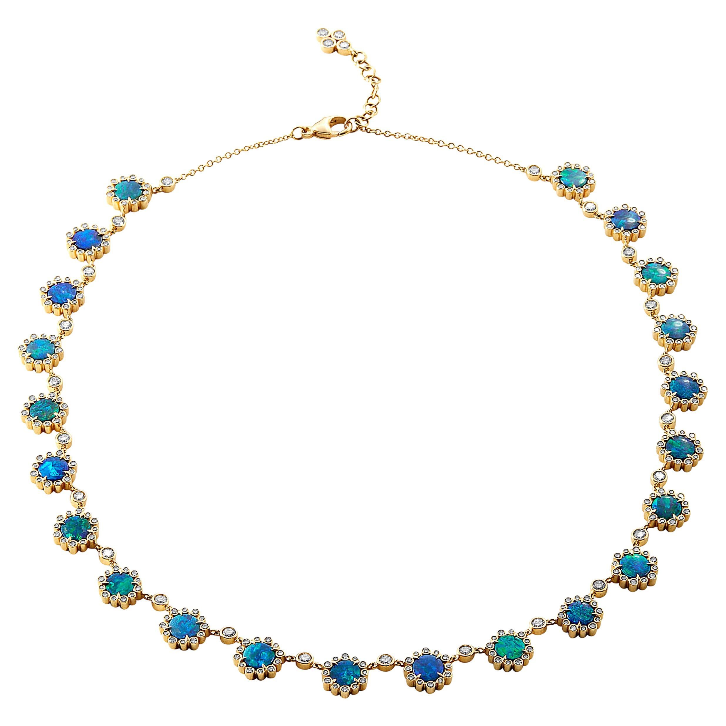 Syna Limited Edition Yellow Gold Boulder Opal and Diamonds Hex Necklace