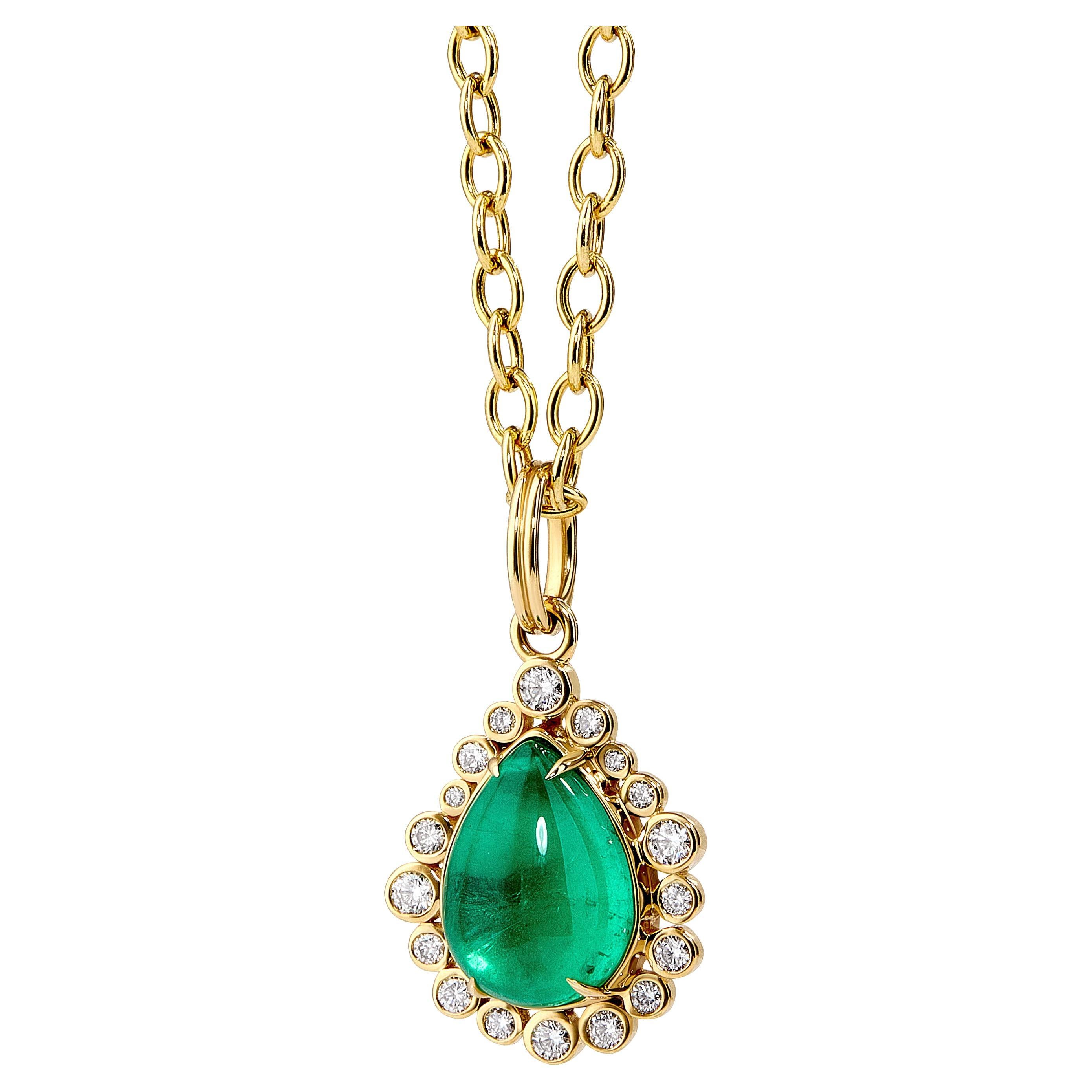 Syna Limited Edition Yellow Gold Emerald Tear Drop Pendant with Diamonds