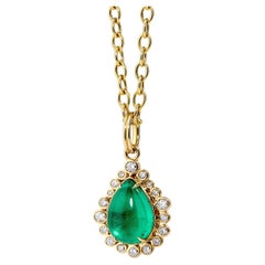 Syna Limited Edition Yellow Gold Emerald Tear Drop Pendant with Diamonds