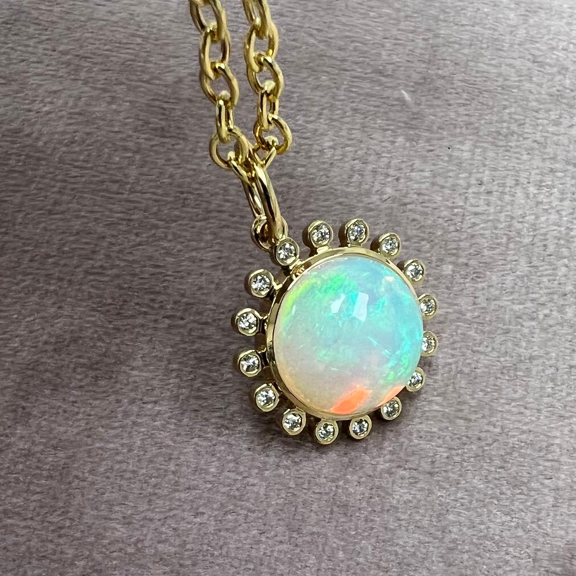 Mixed Cut Syna Limited Edition Yellow Gold Ethiopian Opal Exotic Pendant with Diamonds For Sale