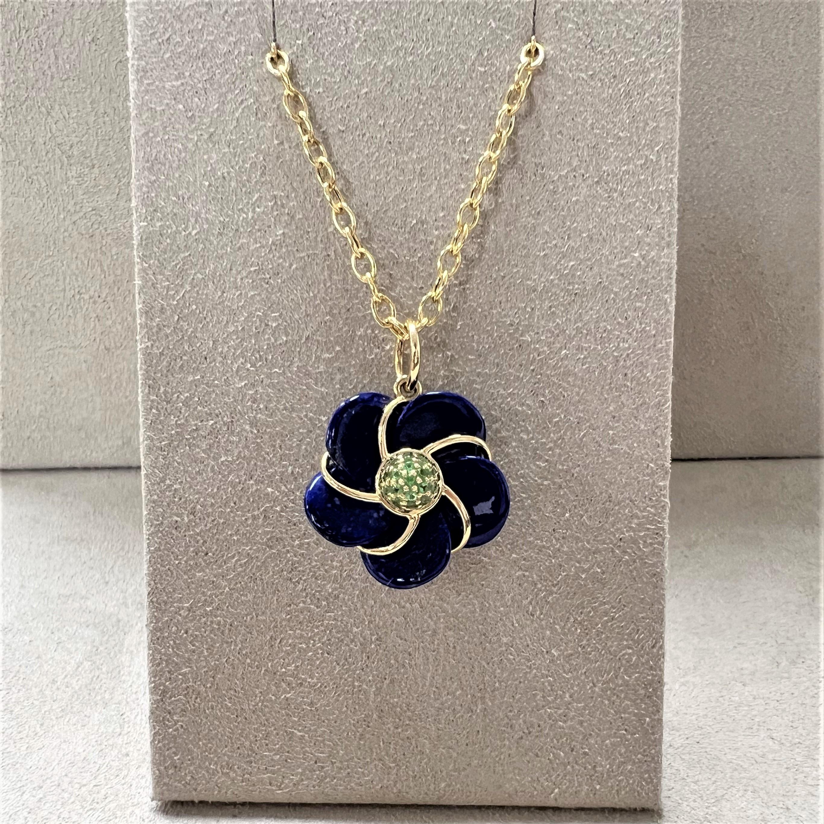 Contemporary Syna Limited Edition Yellow Gold Hand-carved Lapis Lazuli Pendant with Tsavorite For Sale