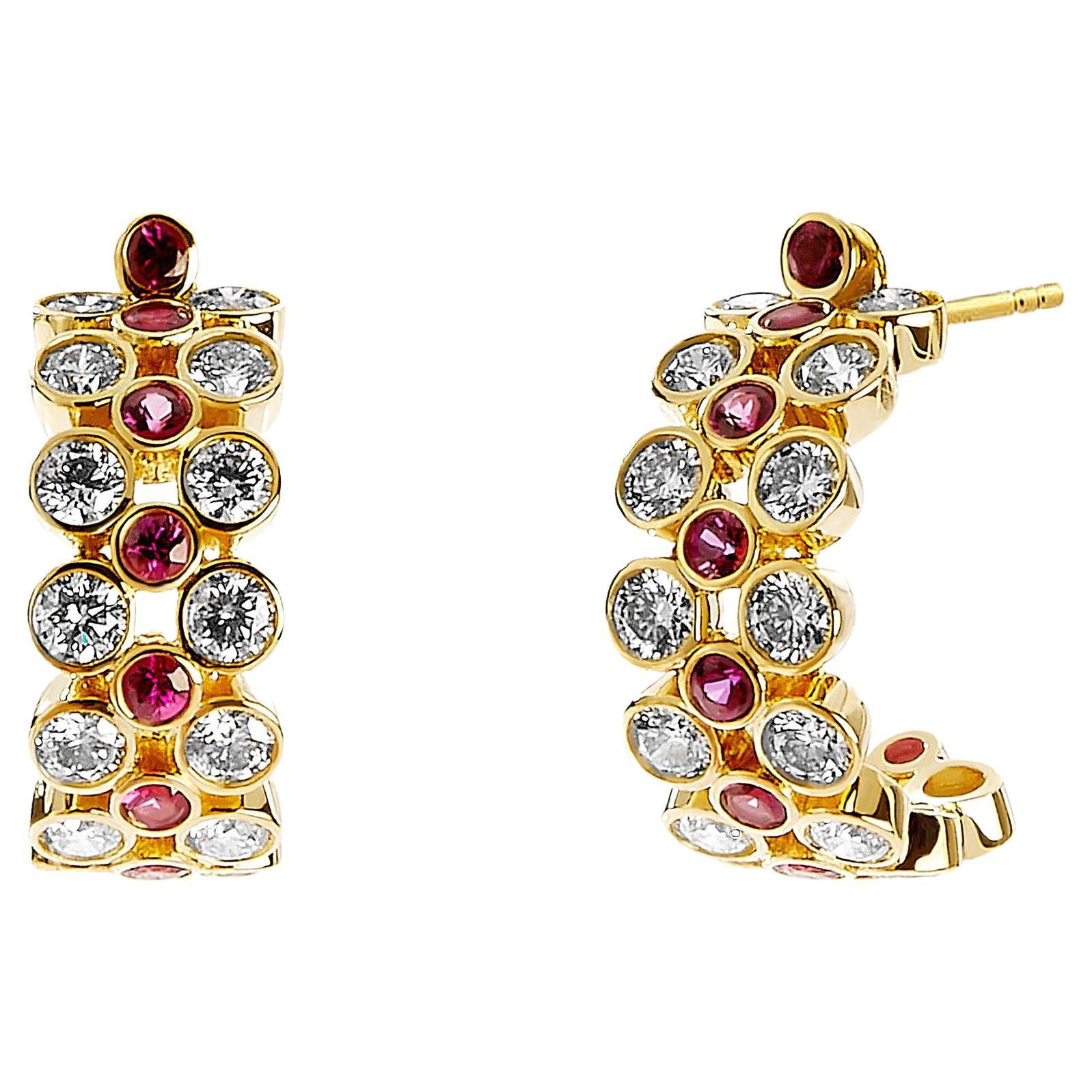 Syna Limited Edition Yellow Gold Hoops with Rubies and Diamonds For Sale