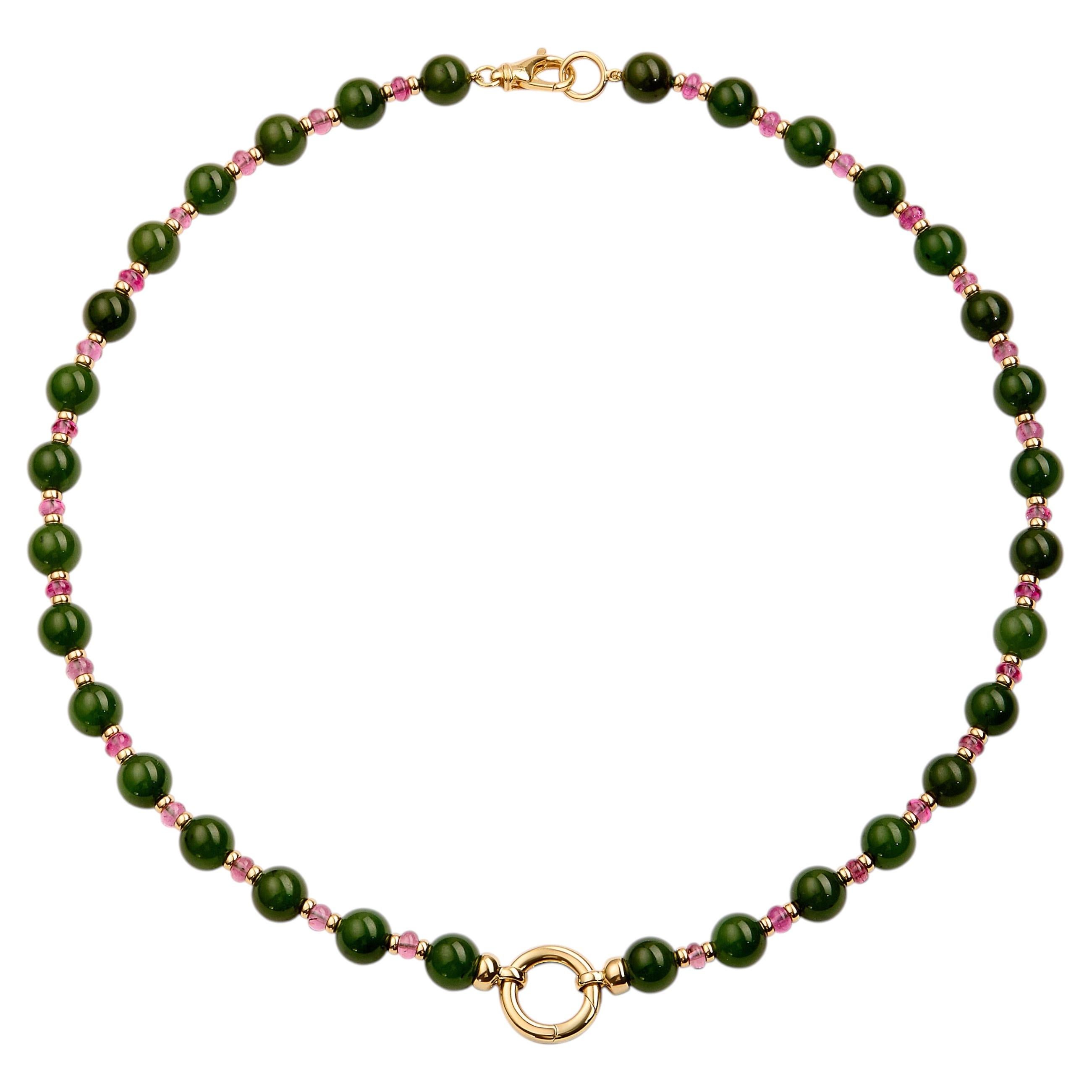 Collana Syna in edizione limitata con perline in giada e tormalina rosa, in oro giallo