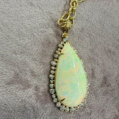 Syna Limited Edition Yellow Gold Pear Shaped Ethiopian Opal Pendant with Diamond