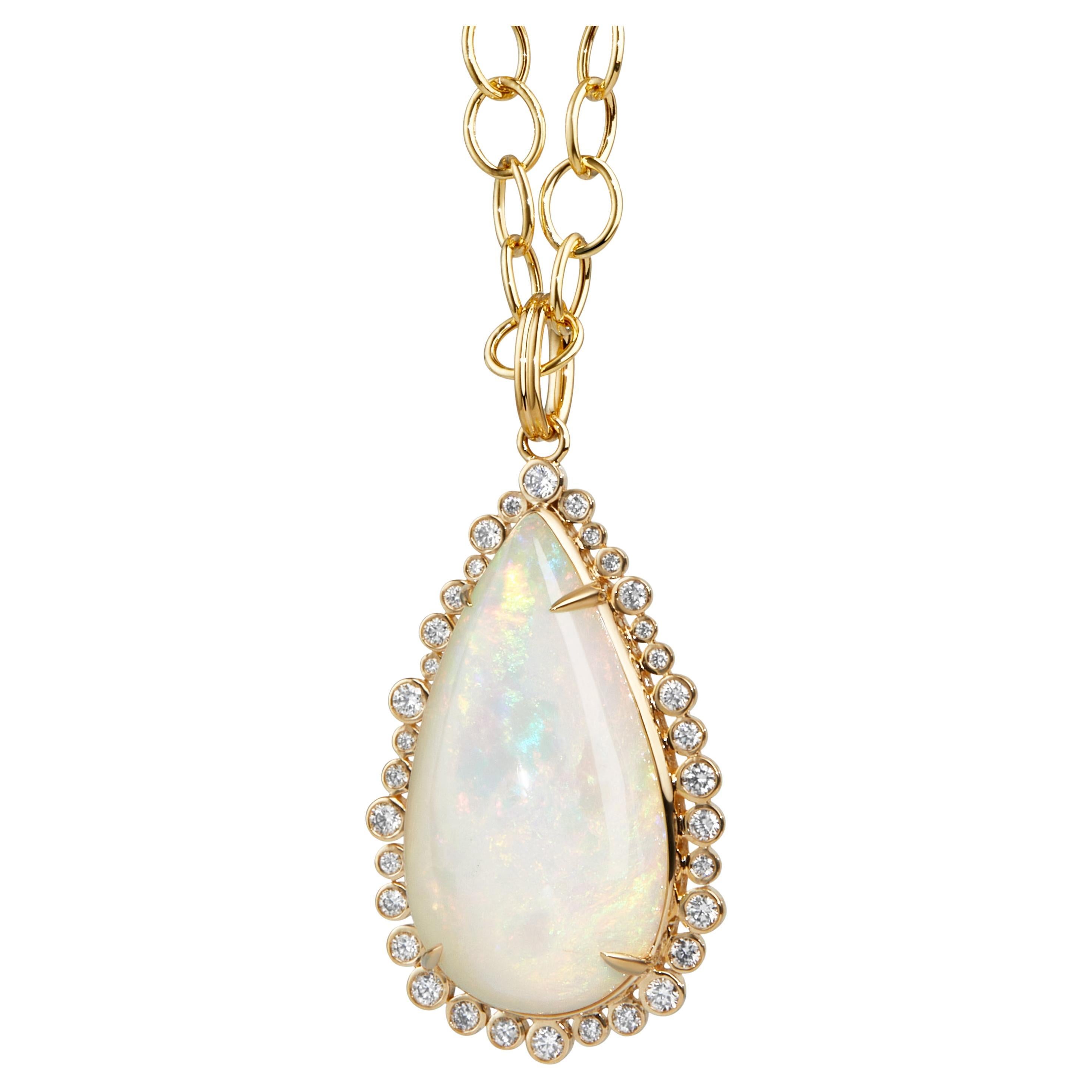 Syna Limited Edition Yellow Gold Pear Shaped Ethiopian Opal Pendant with Diamond
