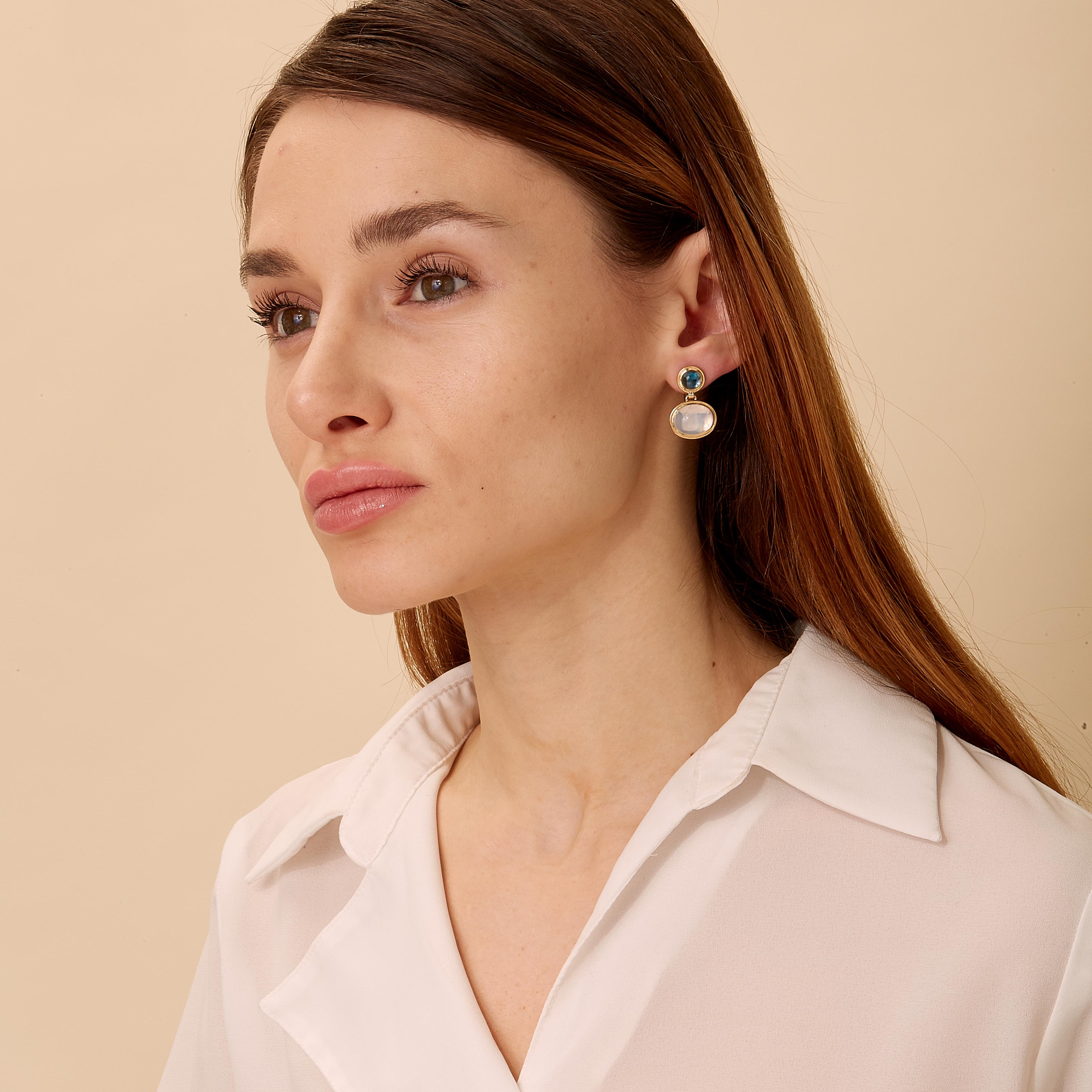 Created in 18 karat yellow gold
London Blue Topaz 3.5 carats approx.
Moon quartz 11 carats approx.
Limited Edition

Behold these exquisite earrings crafted from 18 karat yellow gold, featuring mesmerizing Candy Blue Topaz and Moon Quartz totaling
