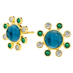 Syna London Blue Topaz Yellow Gold Earrings with Emeralds and Champagne Diamonds