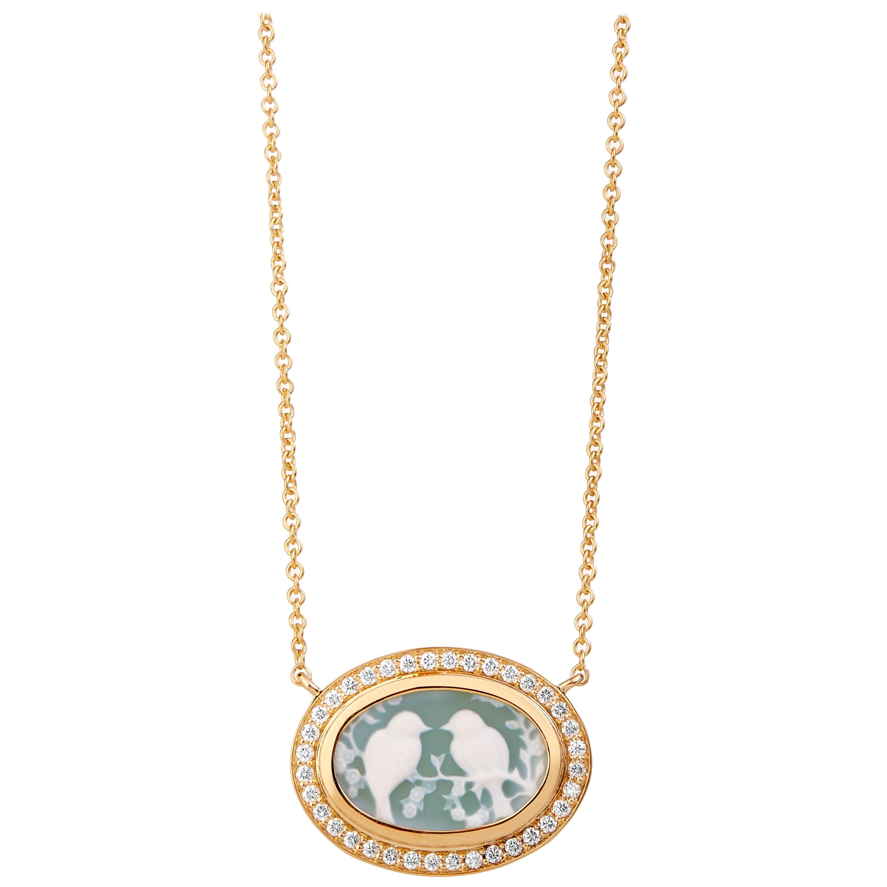 Syna Love Birds Cameo Yellow Gold Necklace with Diamonds