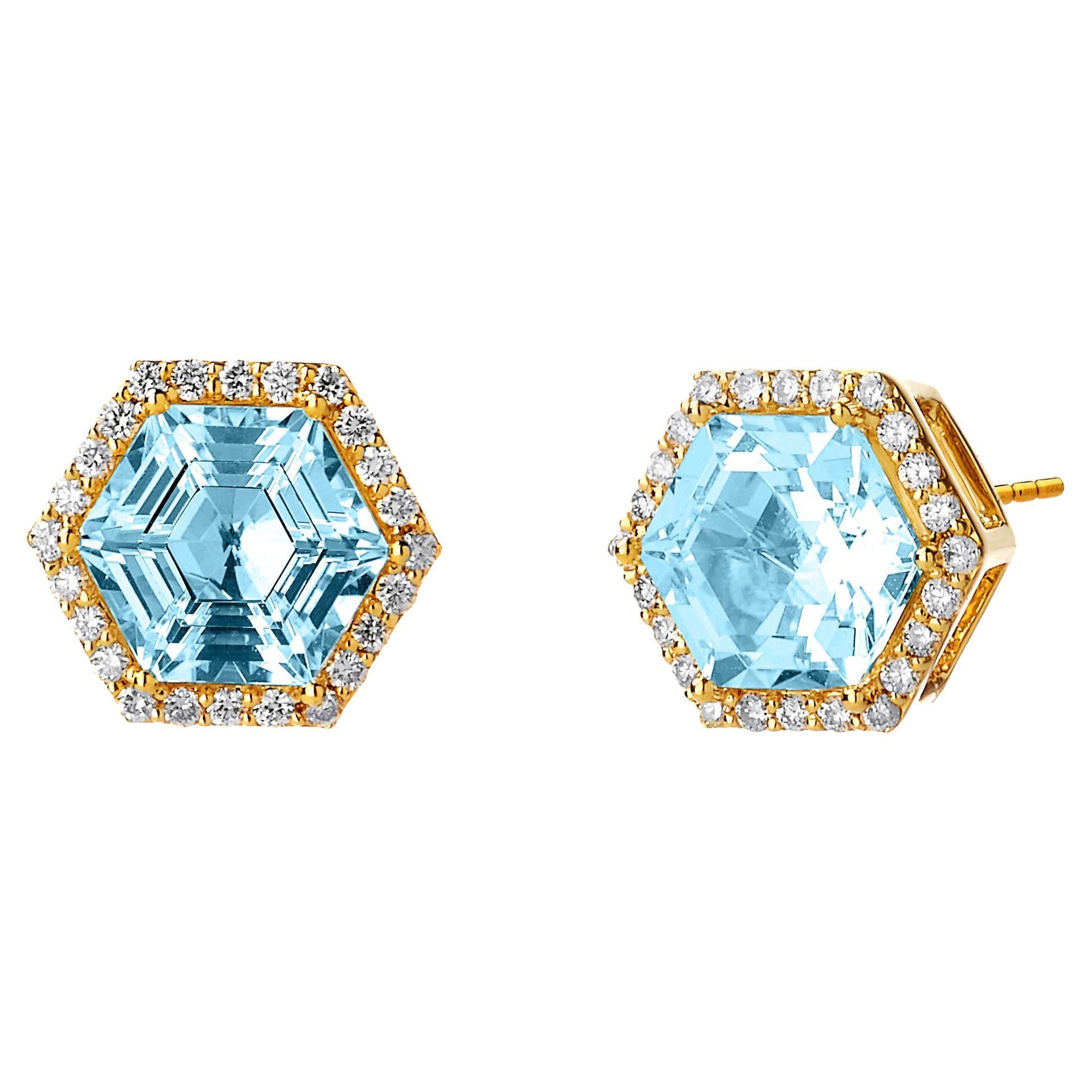 Syna Mogul Hex Studs with Blue Topaz and Diamonds For Sale