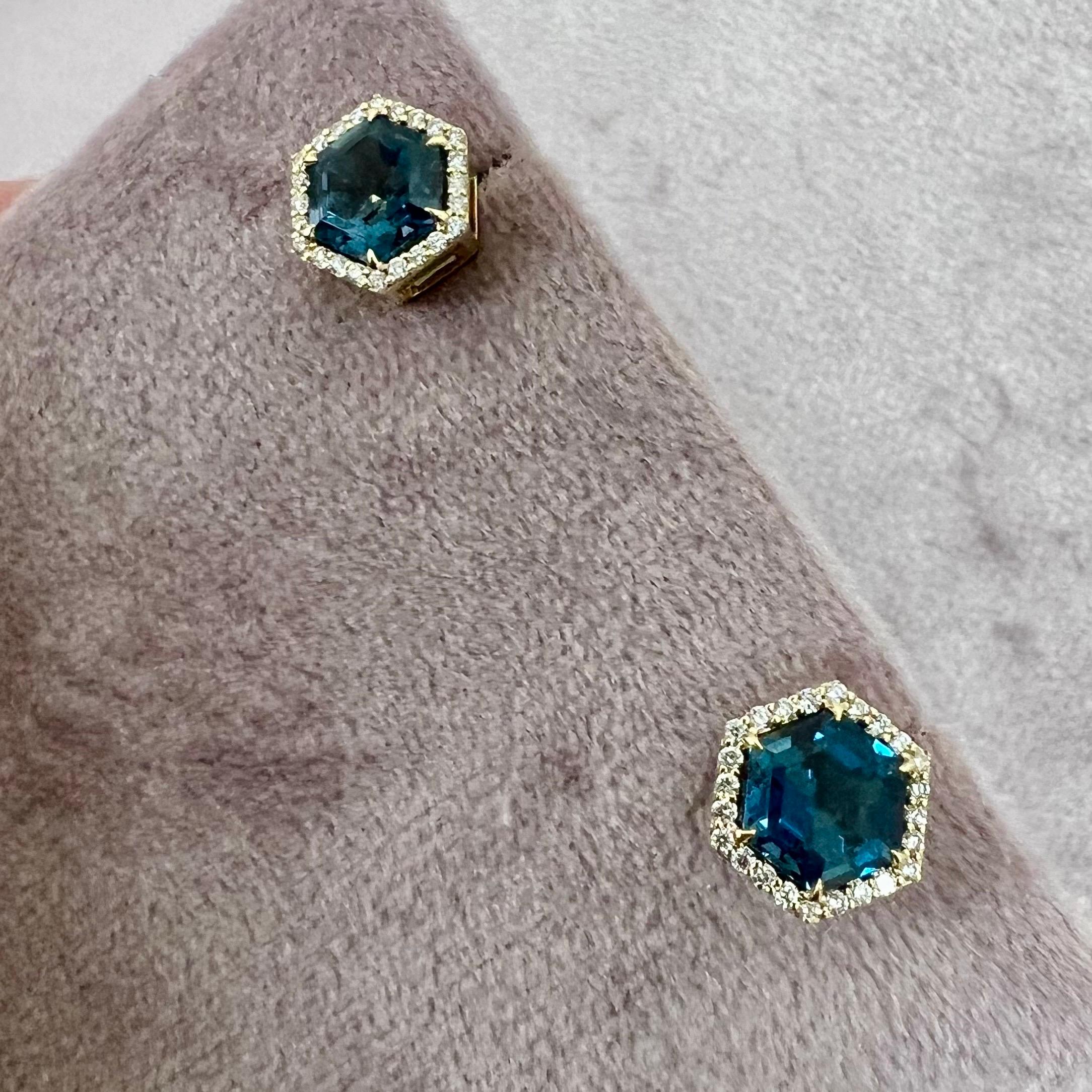 Contemporary Syna Mogul Hex Studs with London Blue Topaz and Diamonds For Sale