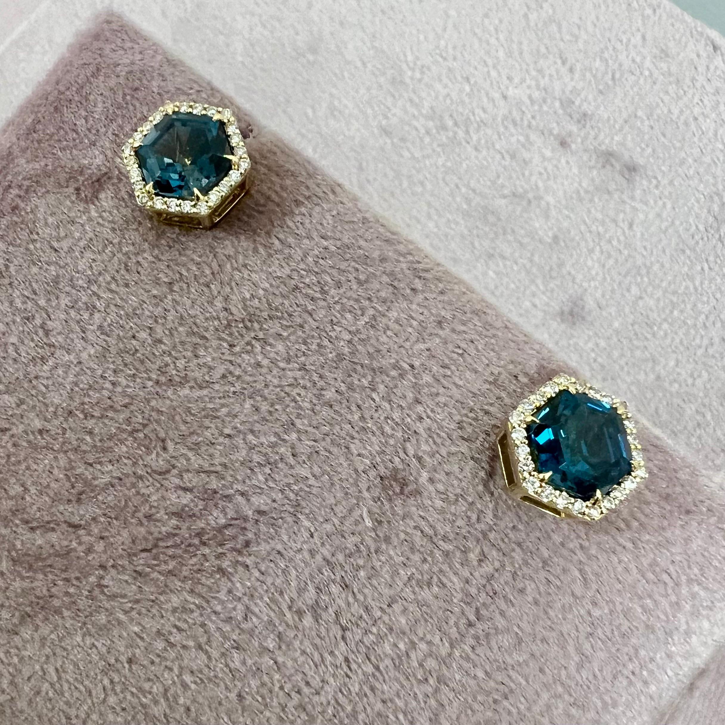 Mixed Cut Syna Mogul Hex Studs with London Blue Topaz and Diamonds For Sale