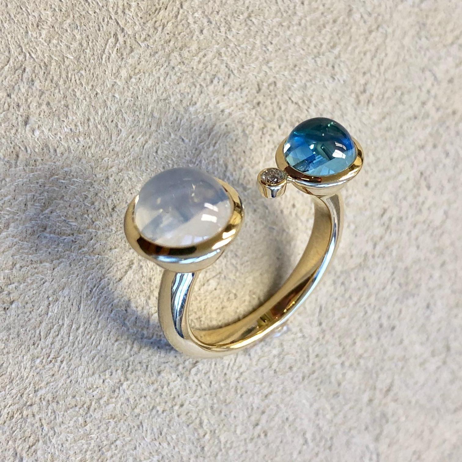 Contemporary Syna Moon Quartz and Blue Topaz Yellow Gold Ring with Diamonds For Sale