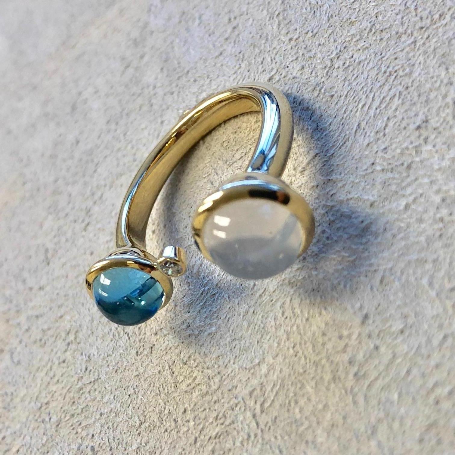 Round Cut Syna Moon Quartz and Blue Topaz Yellow Gold Ring with Diamonds For Sale