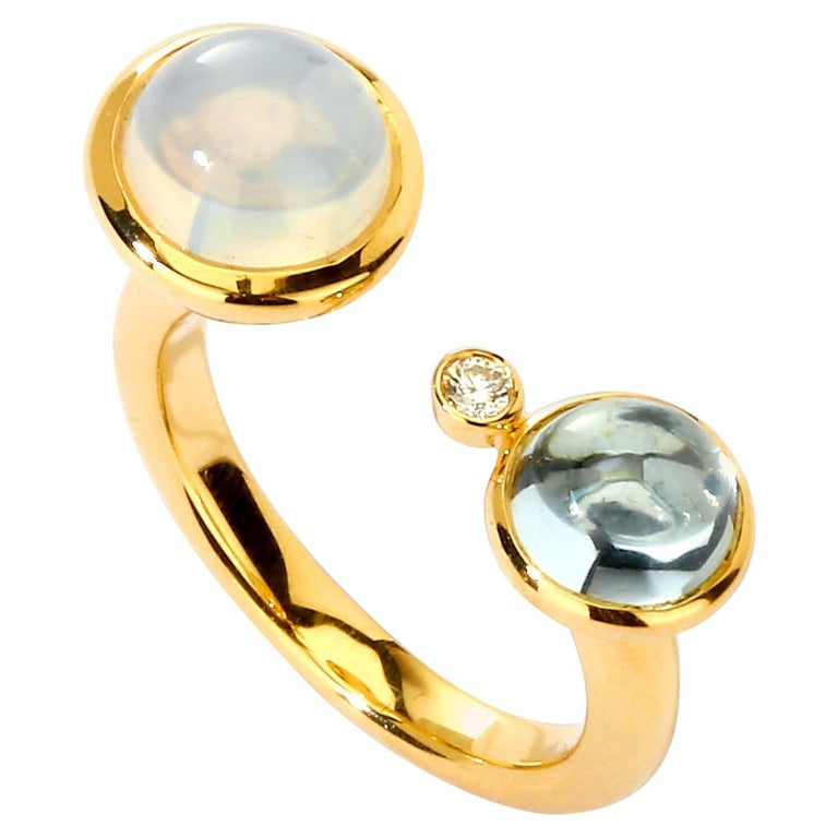 Syna Moon Quartz and Blue Topaz Yellow Gold Ring with Champagne Diamonds  For Sale at 1stDibs