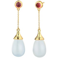 Syna Moon Quartz and Rubellite Yellow Gold Mogul Drop Earrings