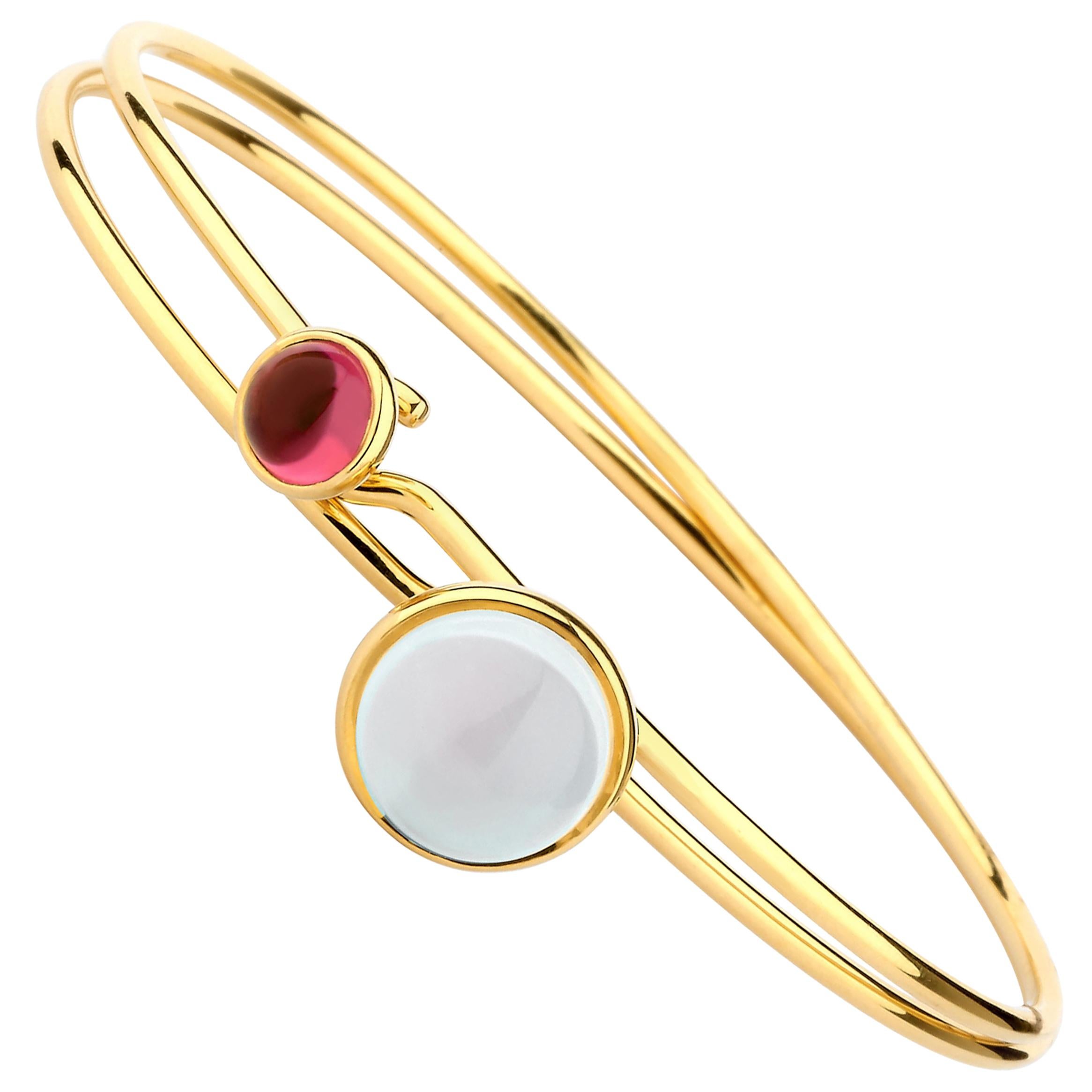 Syna Moon Quartz and Rubellite Yellow Gold Pair of Stacking Bracelets For Sale